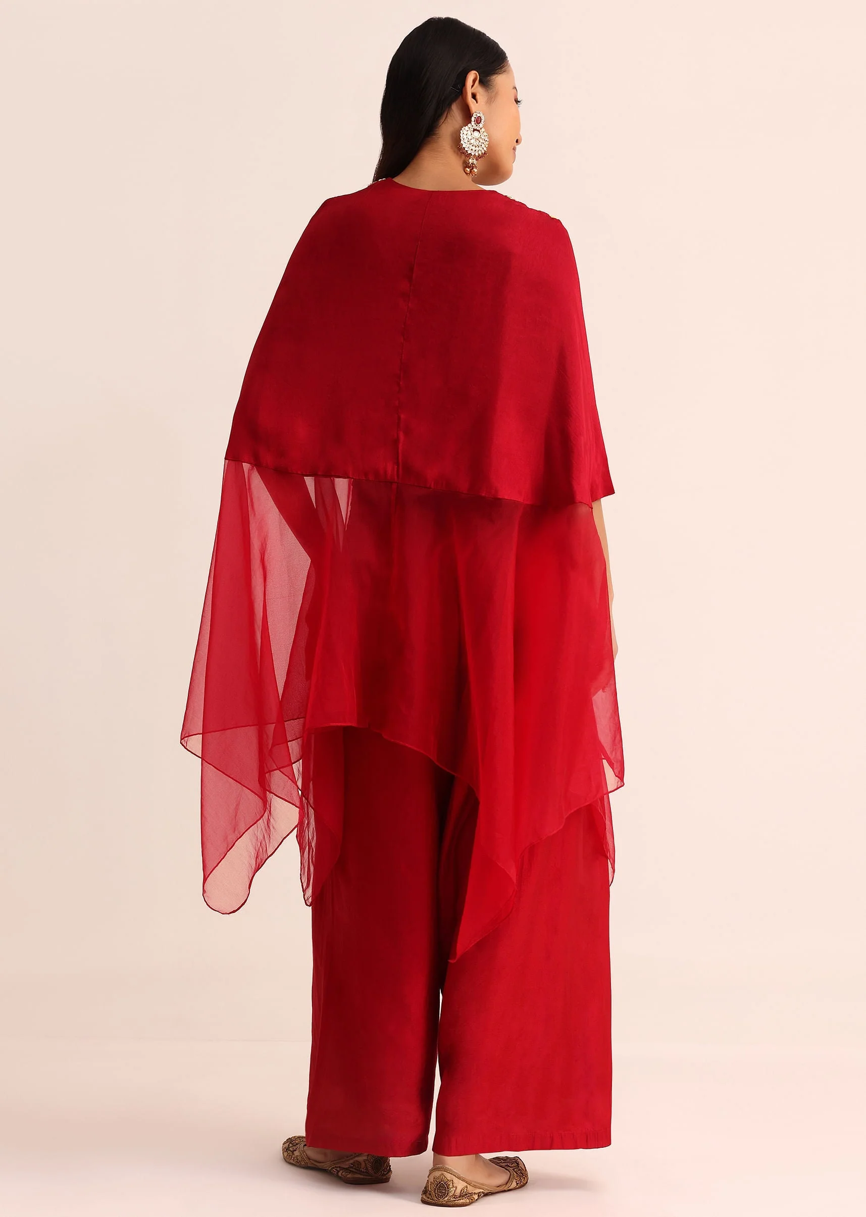 Red Embroidered Silk Crop Top Palazzo And Cape - Image 5