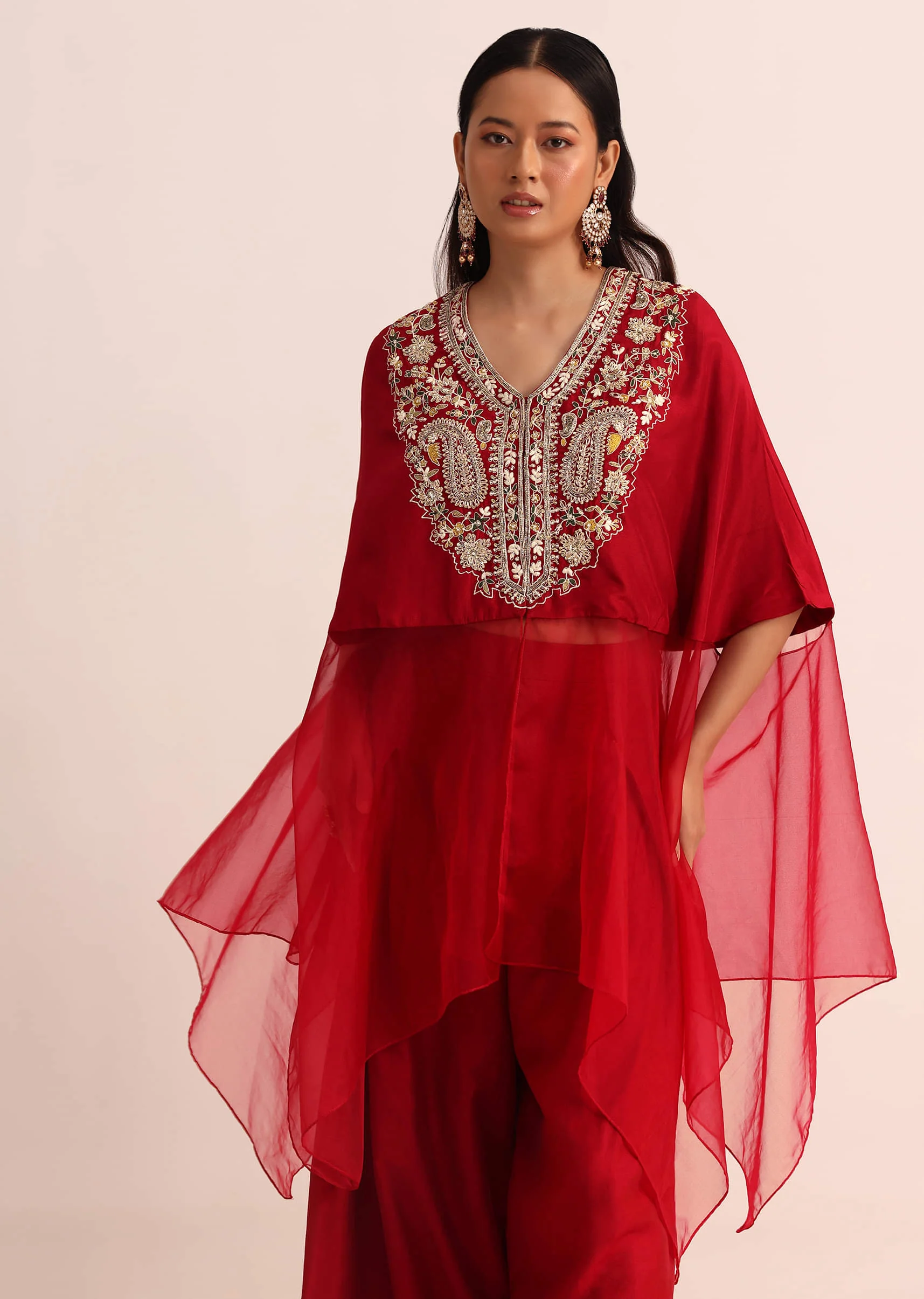 Red Embroidered Silk Crop Top Palazzo And Cape - Image 7