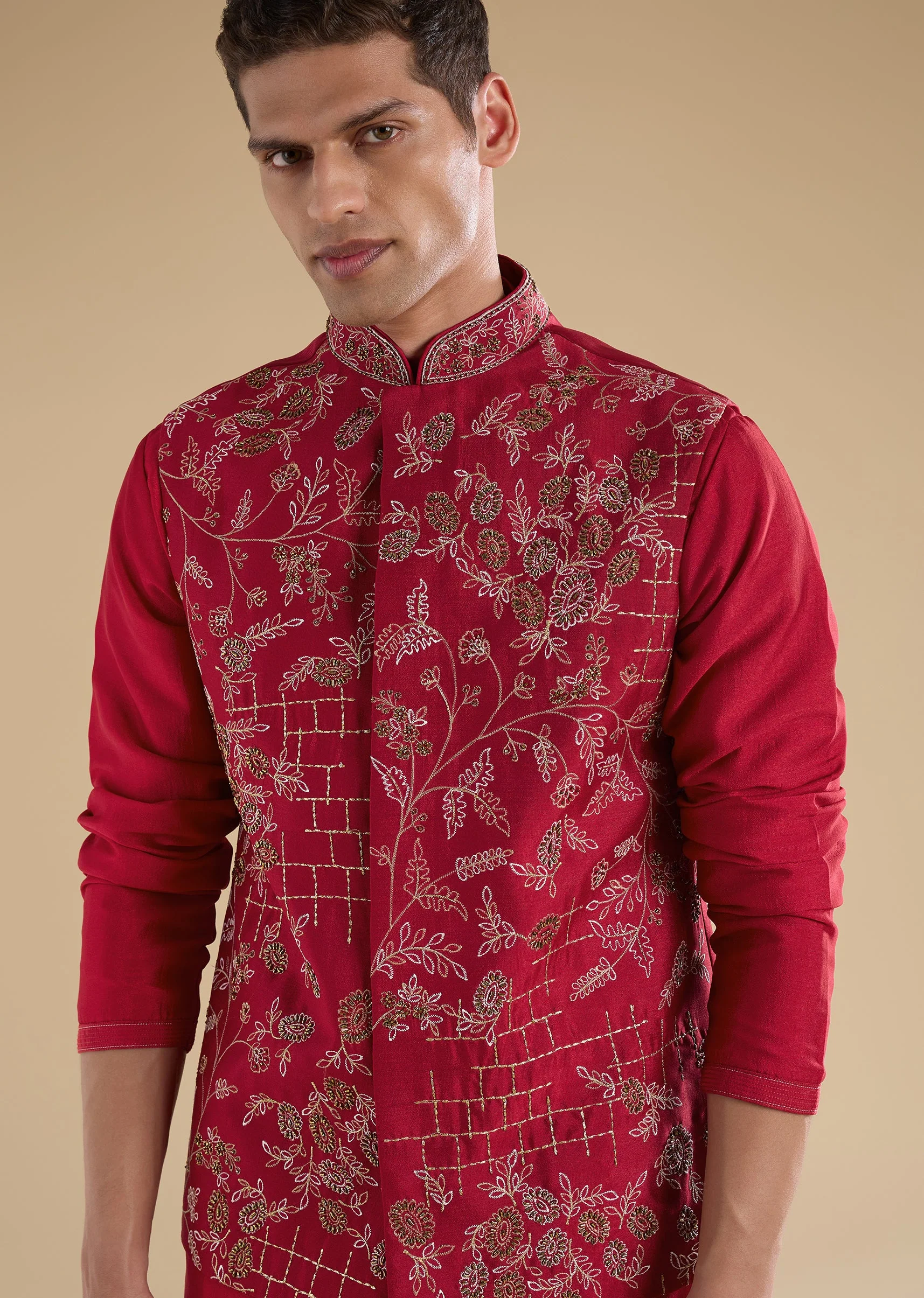 Red Embroidered Silk Kurta Jacket Set - Image 2