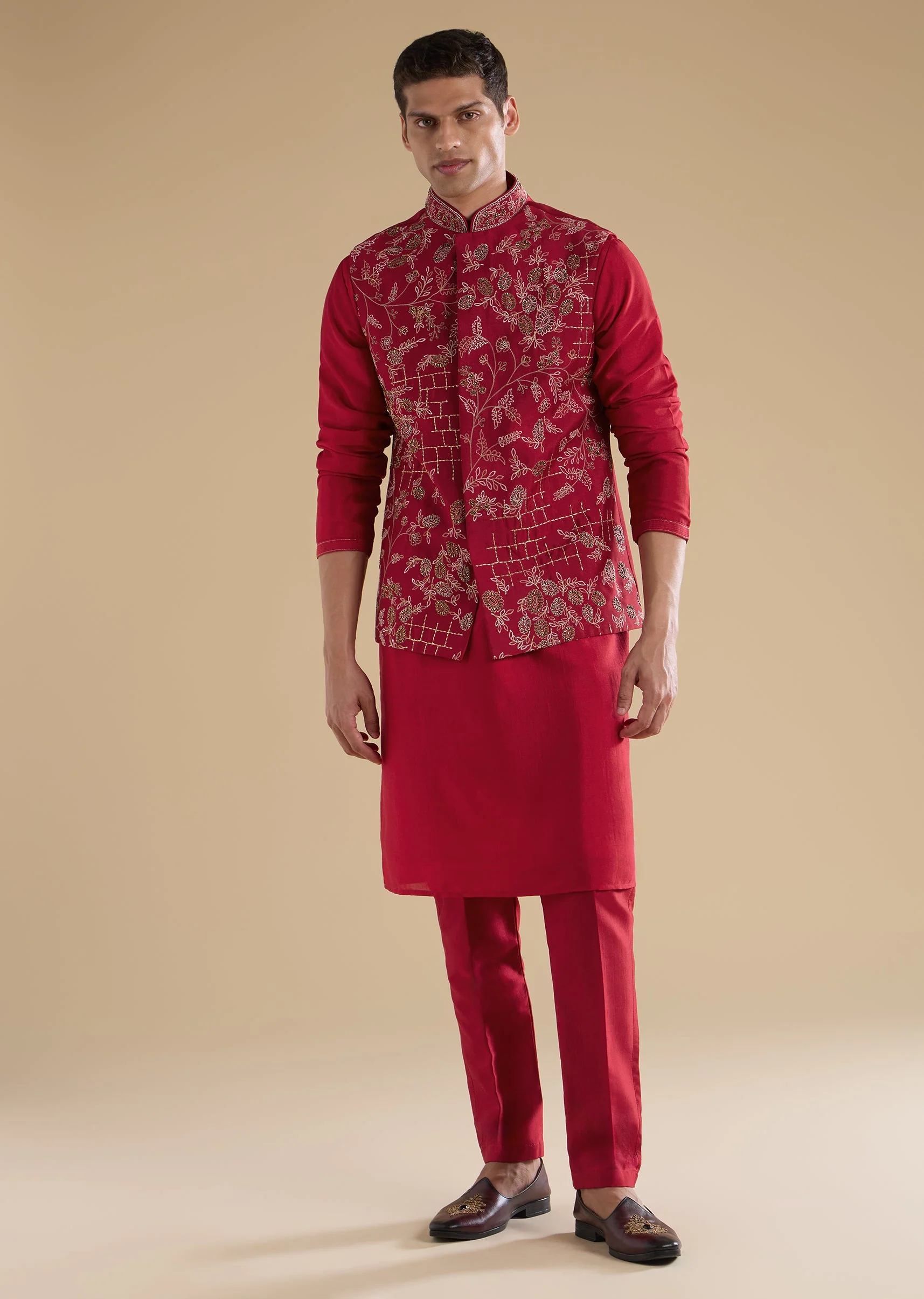 Red Embroidered Silk Kurta Jacket Set - Image 3