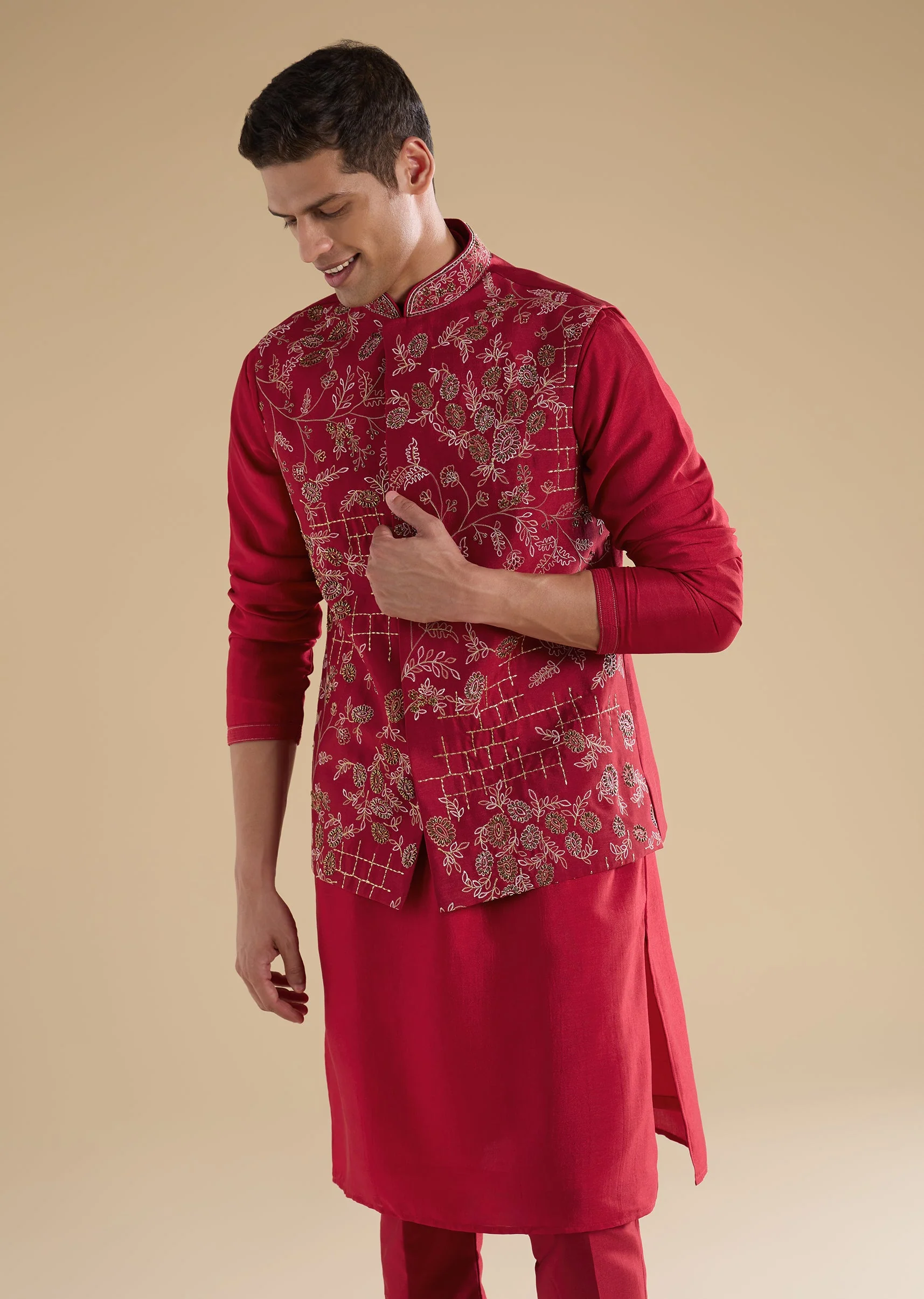 Red Embroidered Silk Kurta Jacket Set - Image 4