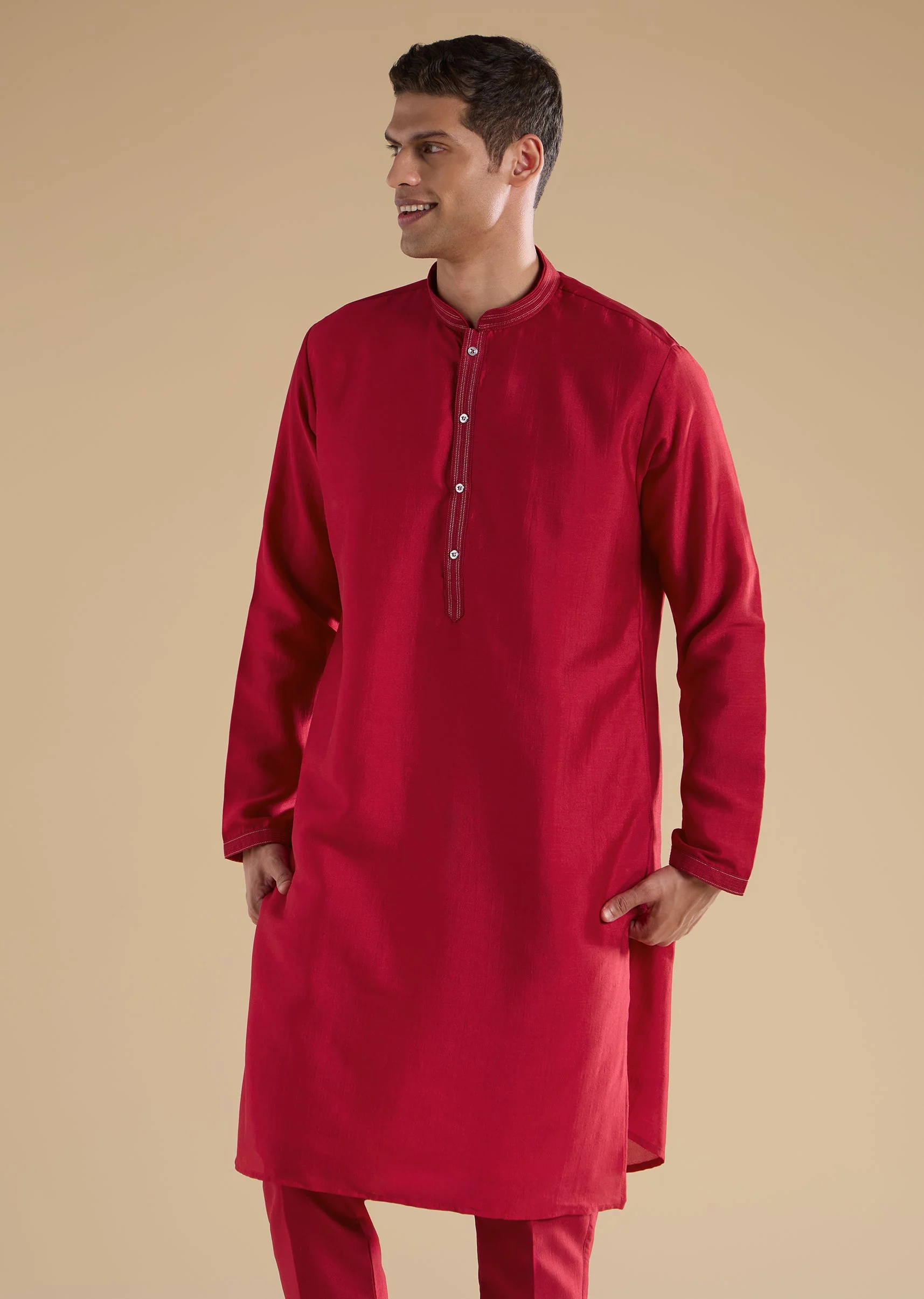 Red Embroidered Silk Kurta Jacket Set - Image 6