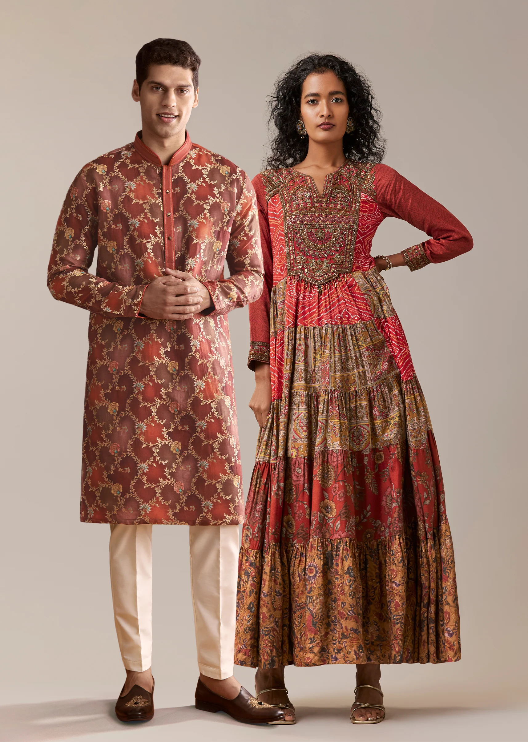 Red Festive Duo — Bandhani Kurti For Her And Banarasi Kurta For Him