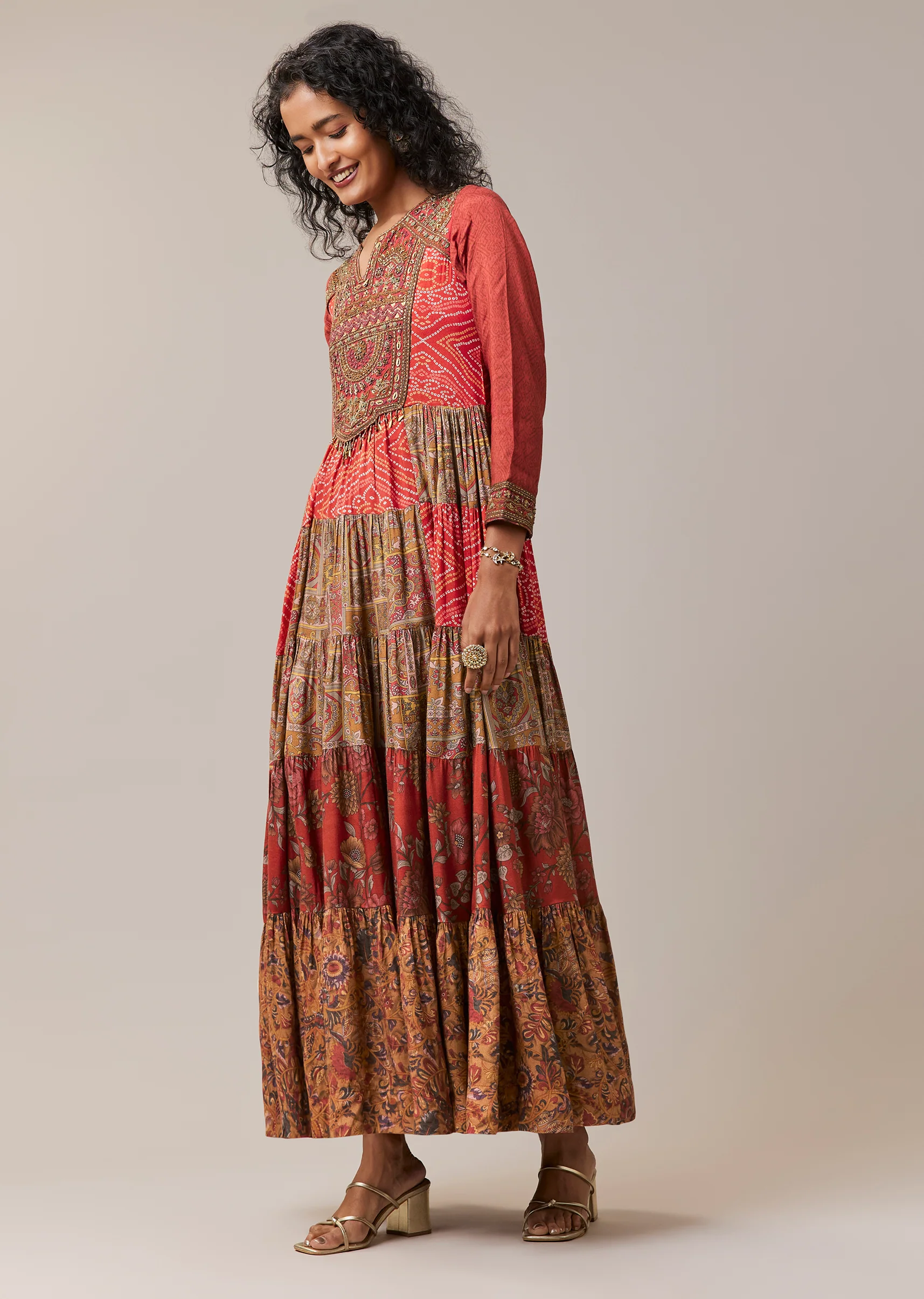 Red Festive Duo — Bandhani Kurti For Her And Banarasi Kurta For Him - Image 3