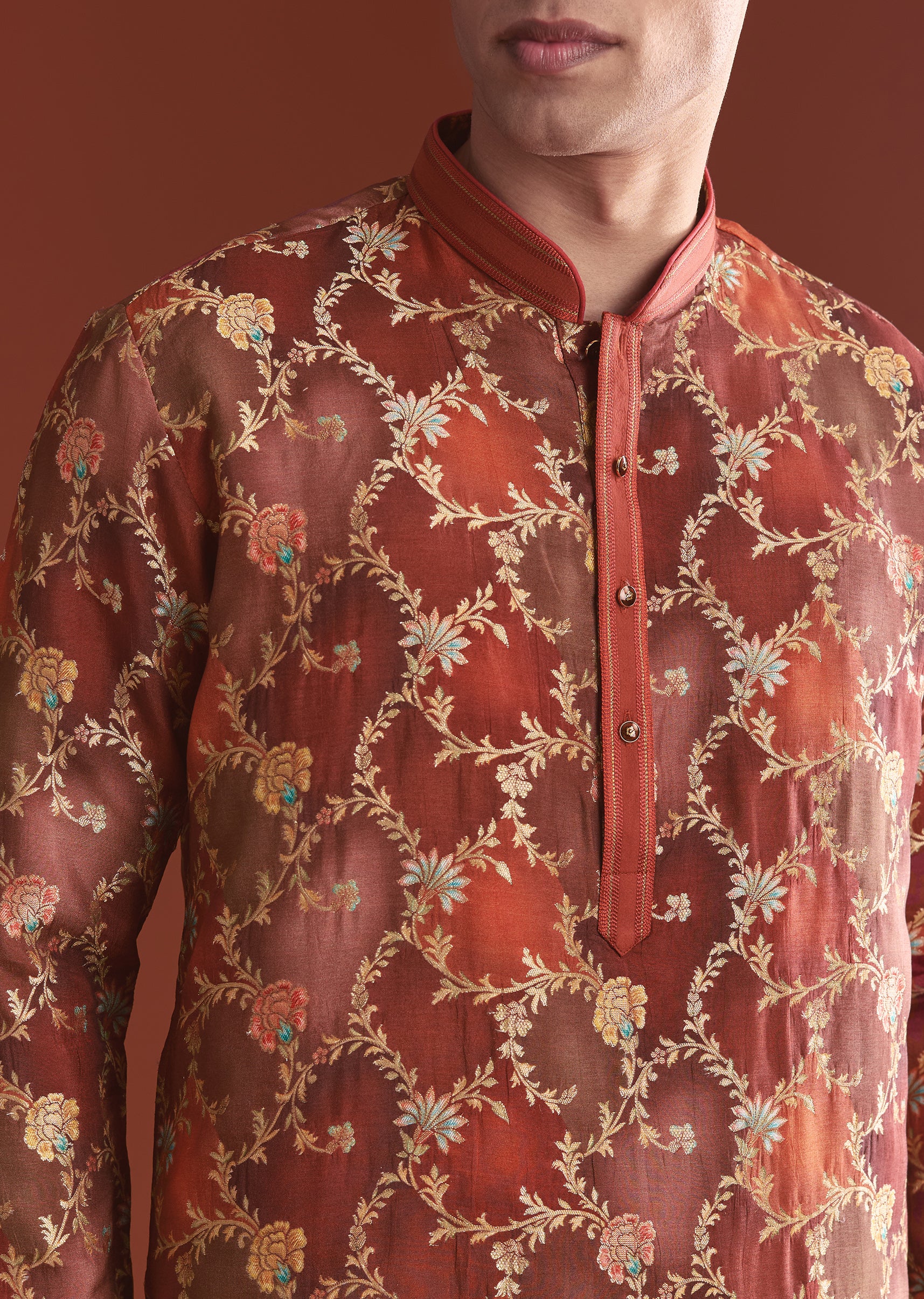 Red Festive Duo — Bandhani Kurti For Her And Banarasi Kurta For Him - Image 6
