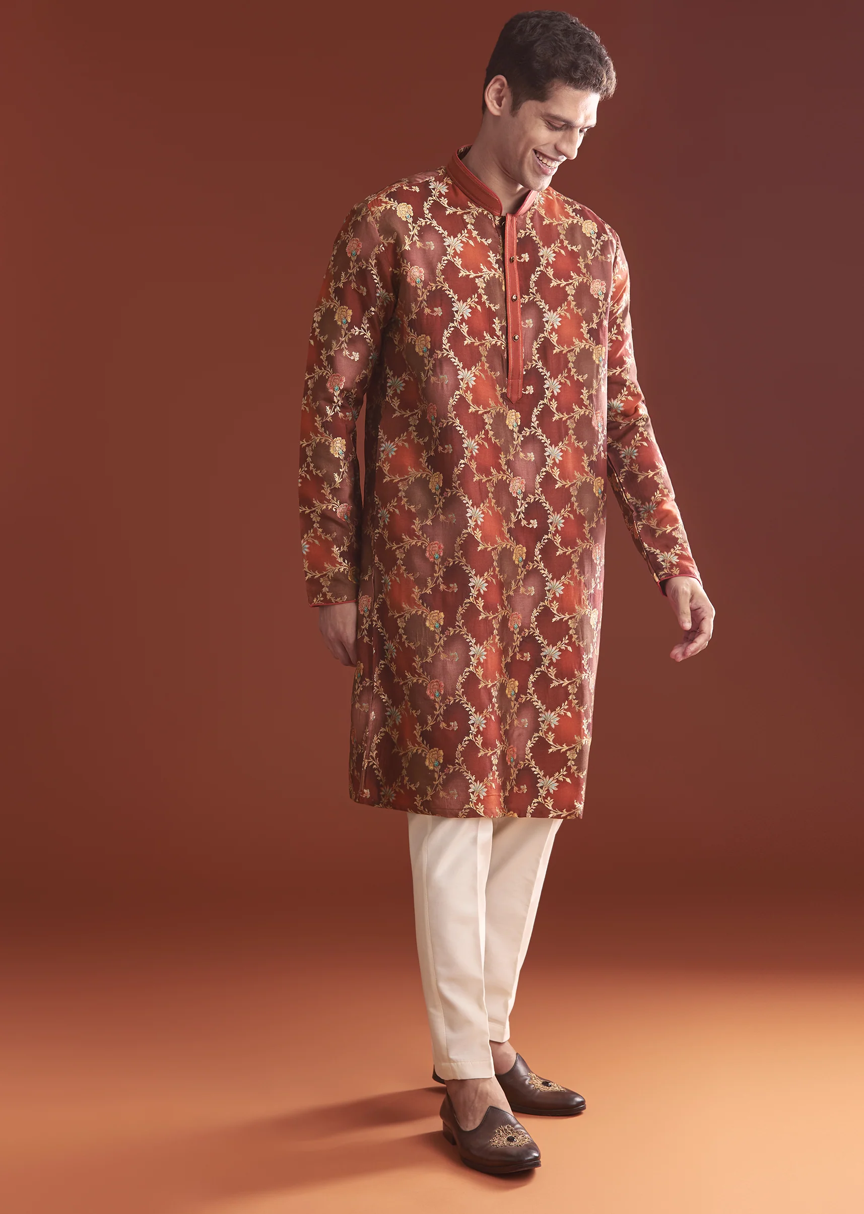 Red Festive Duo — Bandhani Kurti For Her And Banarasi Kurta For Him - Image 7