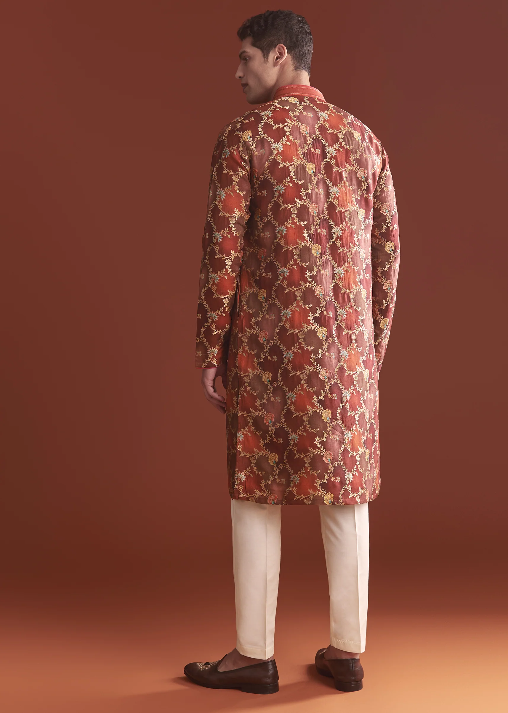 Red Festive Duo — Bandhani Kurti For Her And Banarasi Kurta For Him - Image 9