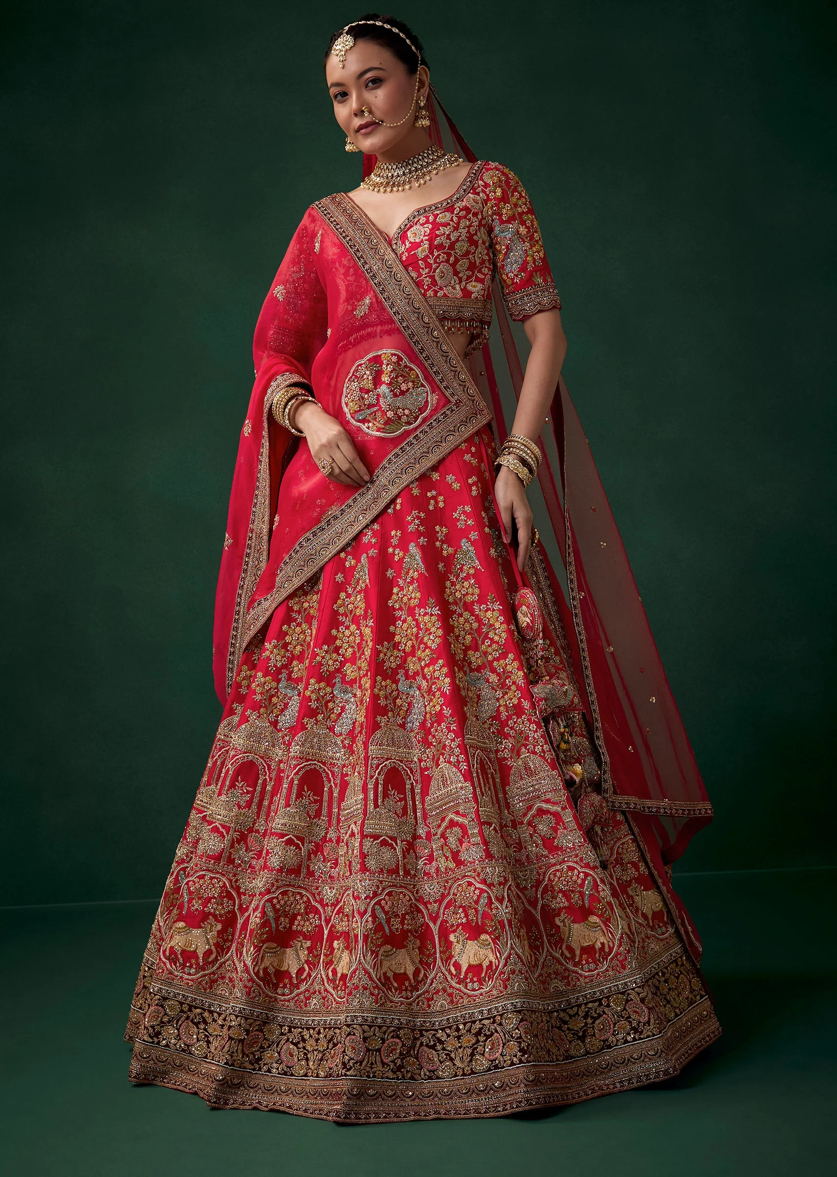 Red Floral Motif Embroidered Bridal Lehenga Sets - Image 4