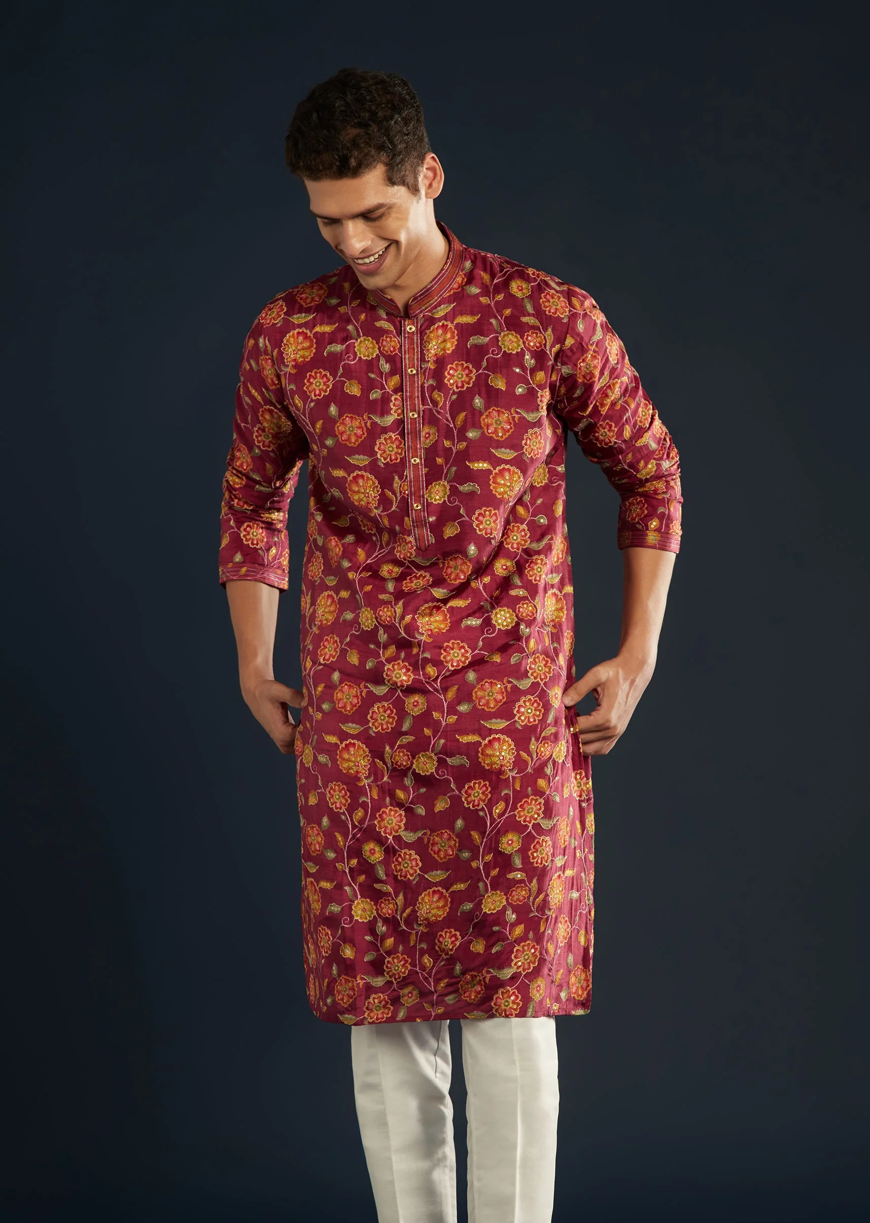 Red Floral Print Silk Kurta Set with Resham Work - Image 4