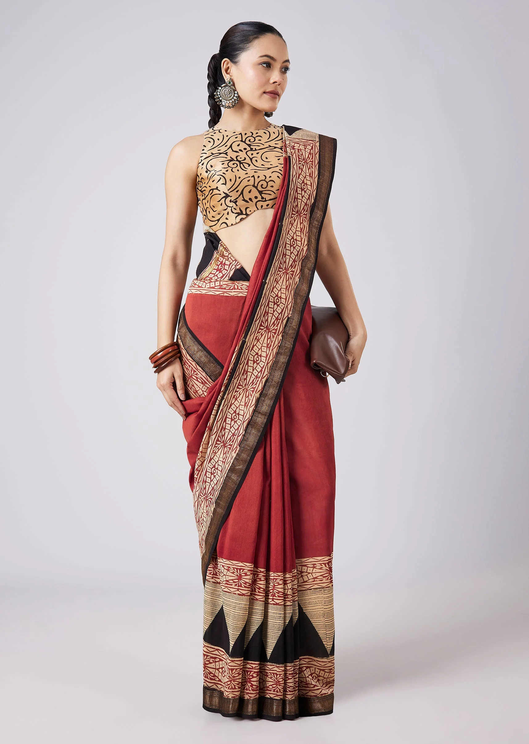 Red Geometric Block Printed Saree with Unstitched Blouse - Image 3