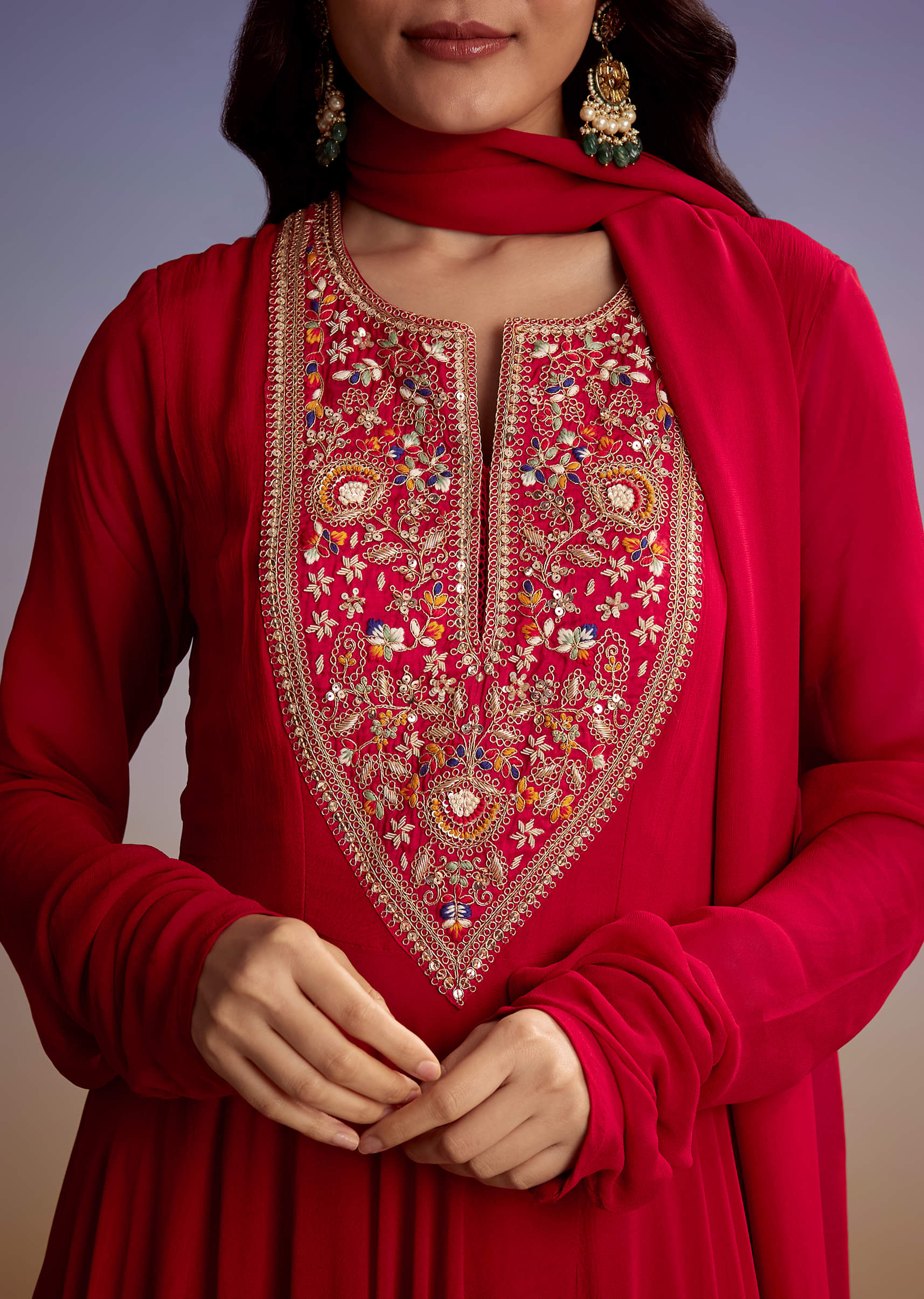 Red Georgette Anarkali Suit With Zari And Sequins Work - Image 2