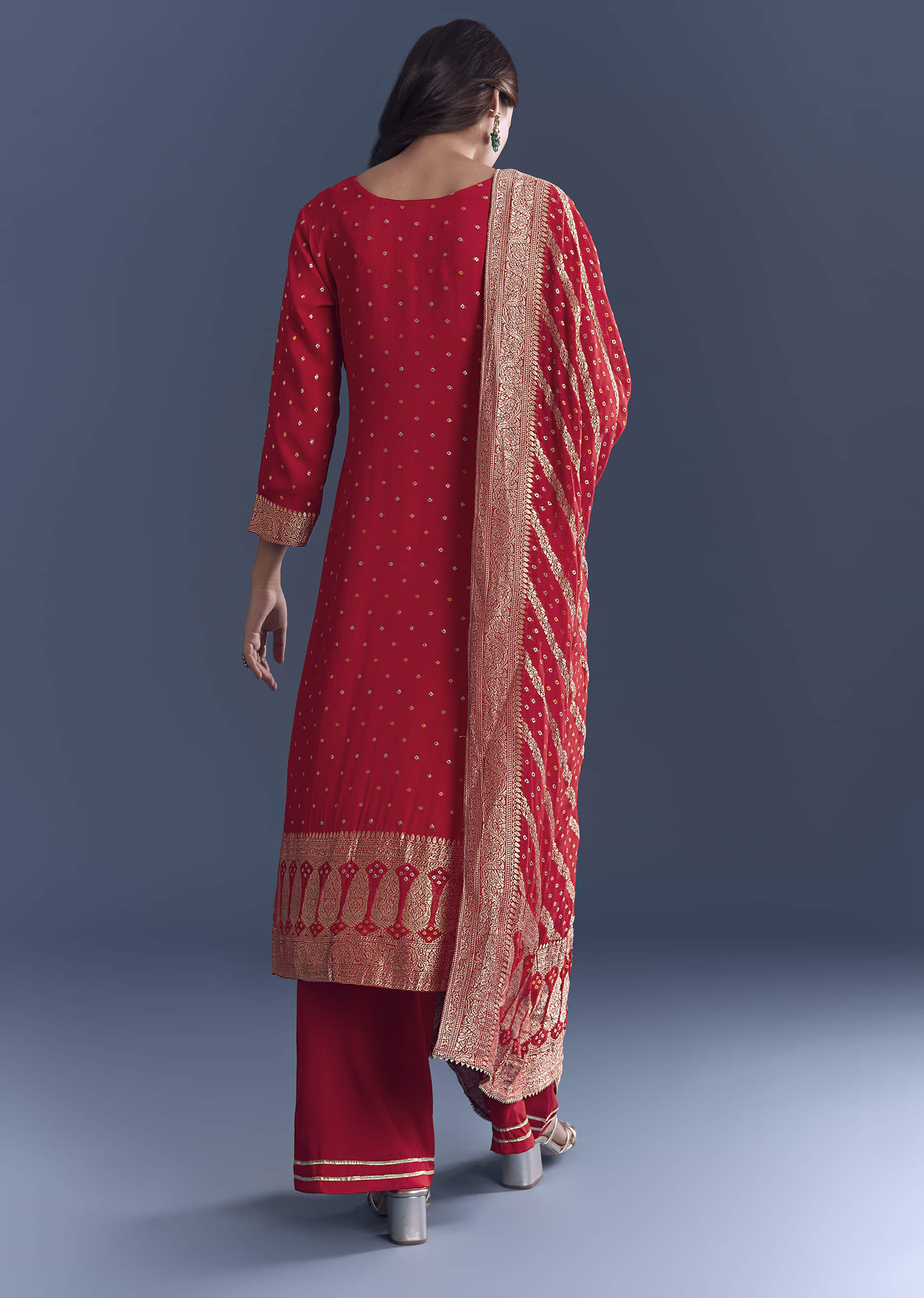 Red Georgette Kurta Set With Bandhani Print And Jacquard Weave - Image 5