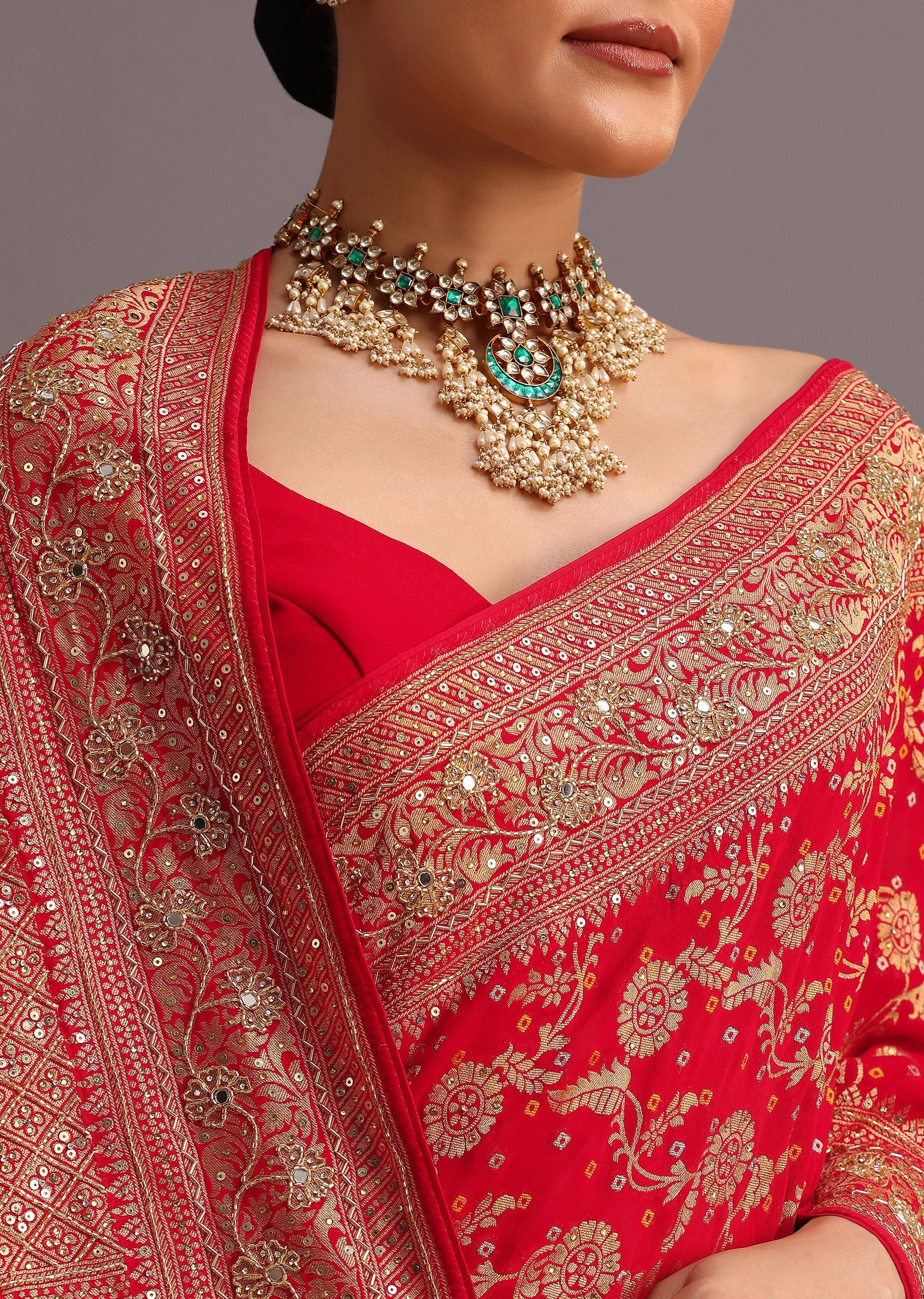 Red Georgette Woven Saree With Bandhani Jaal Work - Image 2
