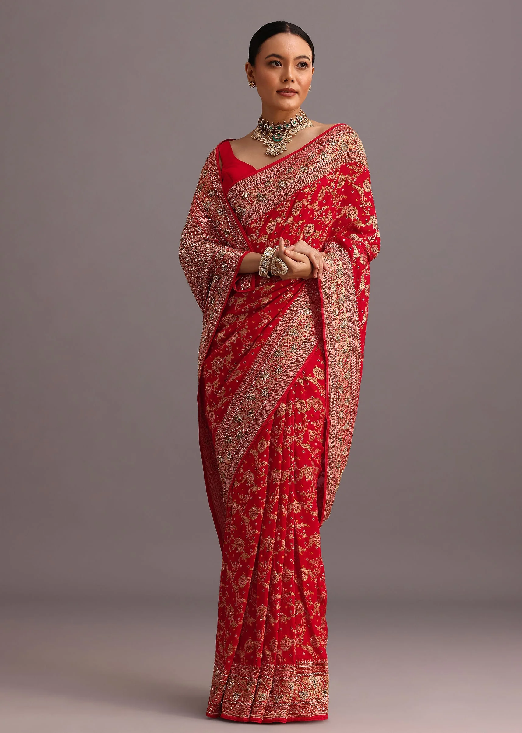 Red Georgette Woven Saree With Bandhani Jaal Work - Image 3