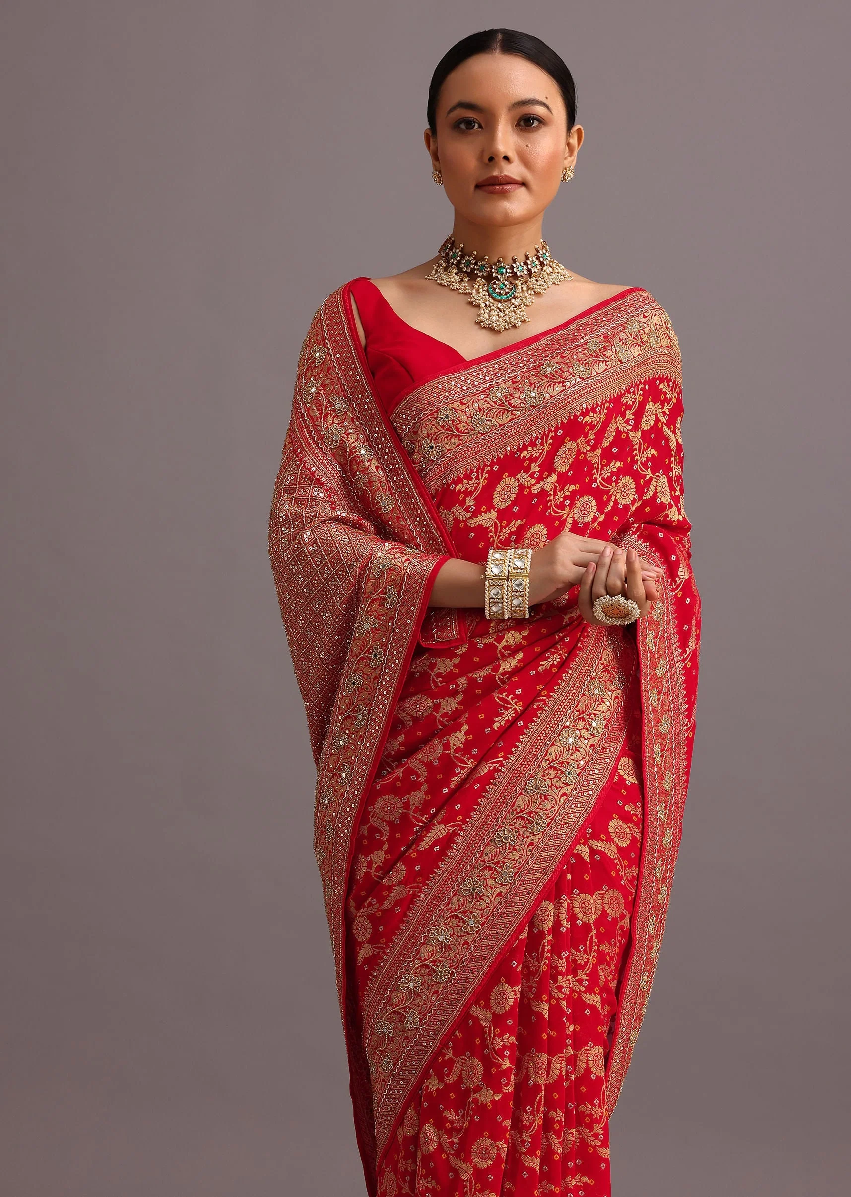 Red Georgette Woven Saree With Bandhani Jaal Work - Image 4