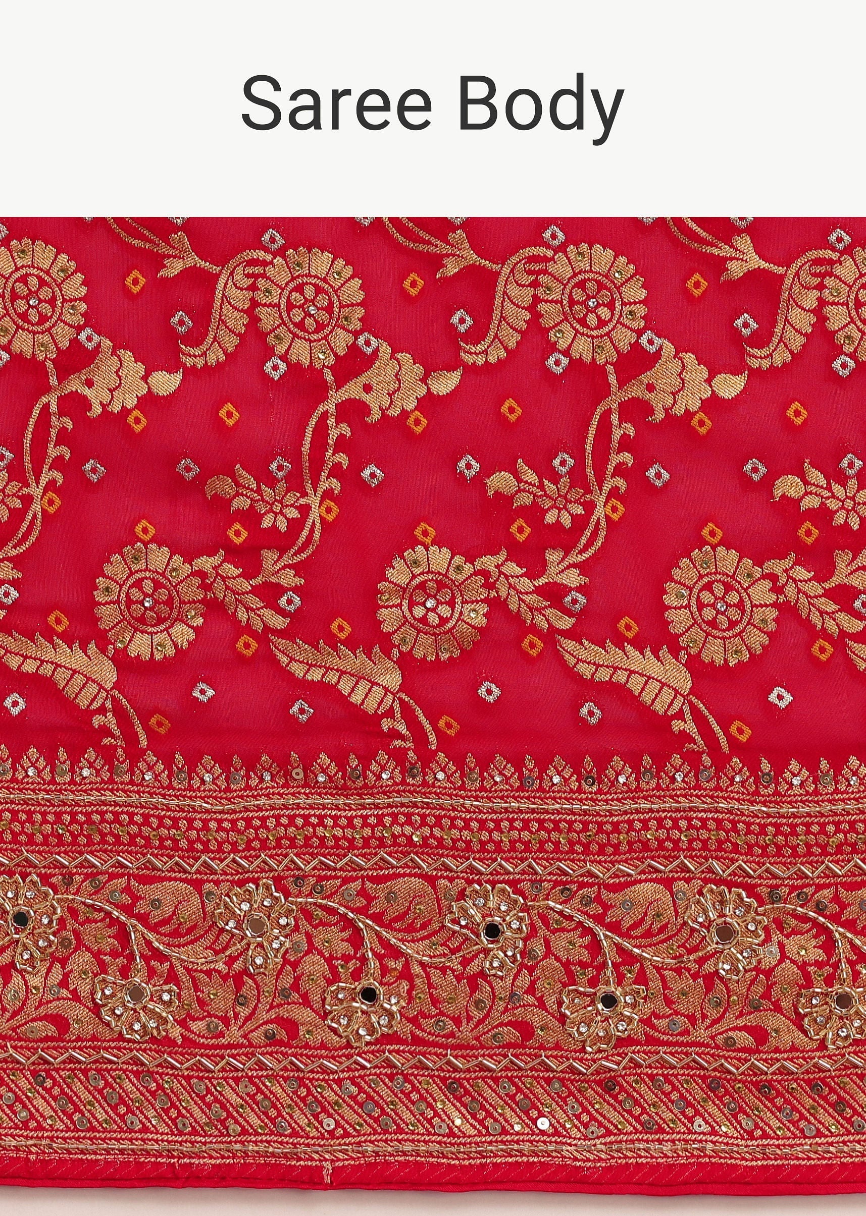 Red Georgette Woven Saree With Bandhani Jaal Work - Image 9