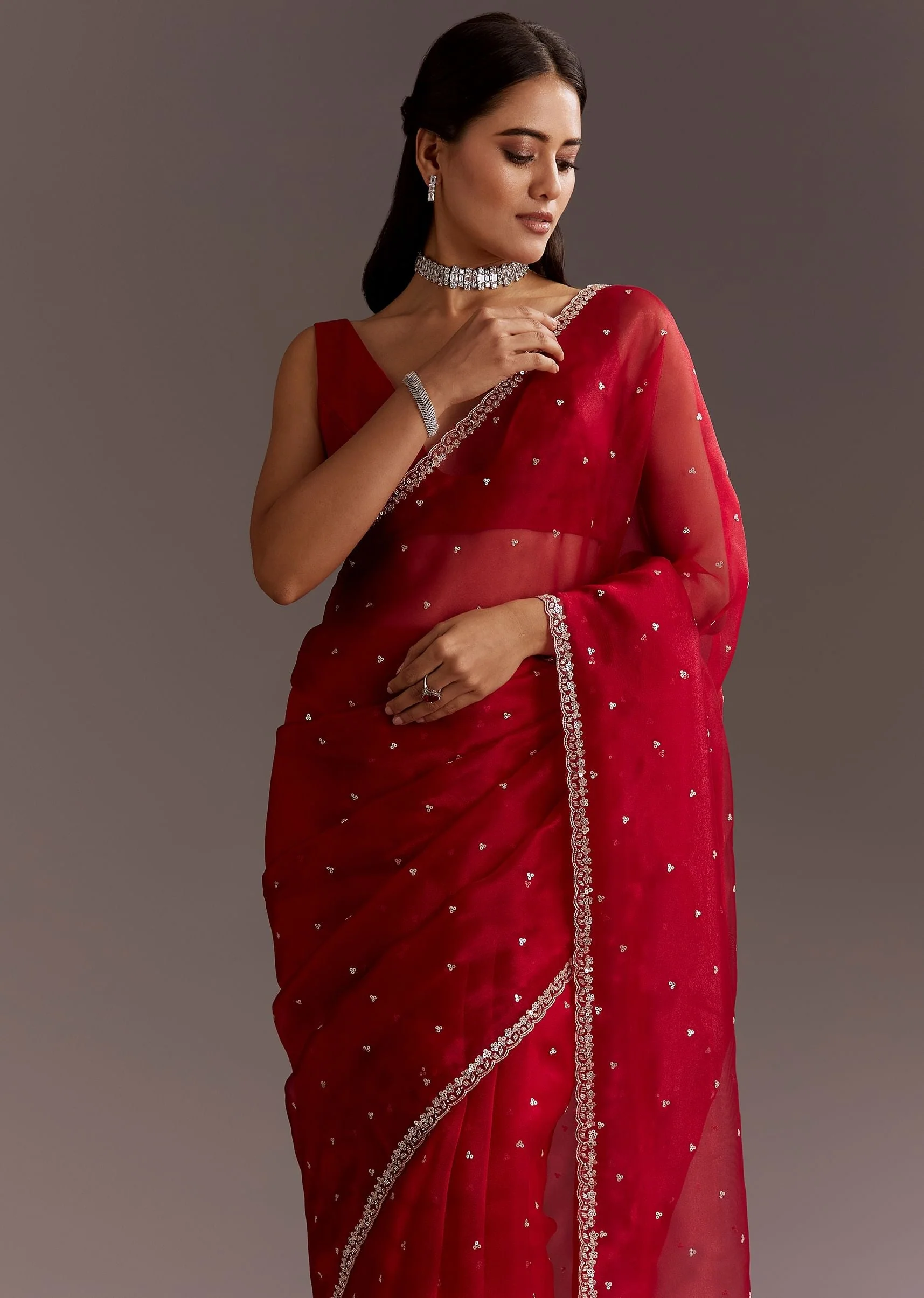 Red Glass Tissue Saree With Cutdana And Sequins Scallop Border
