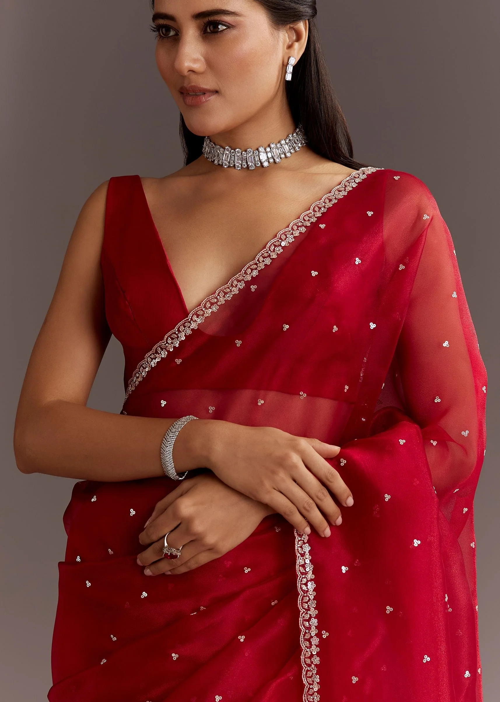 Red Glass Tissue Saree With Cutdana And Sequins Scallop Border - Image 3