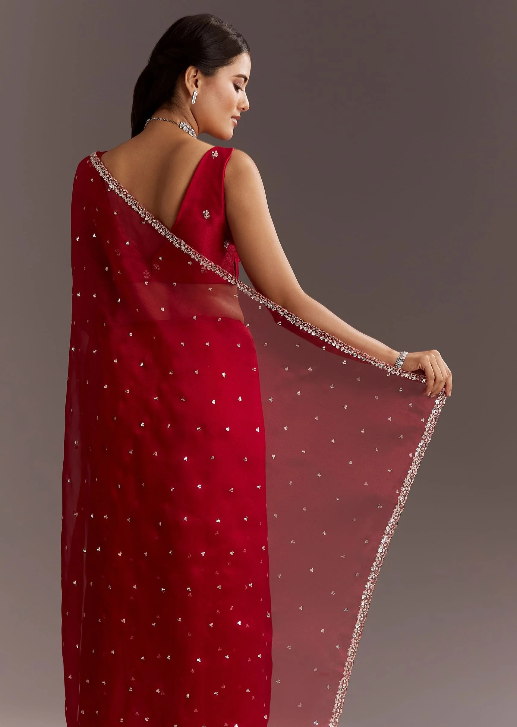 Red Glass Tissue Saree With Cutdana And Sequins Scallop Border - Image 4