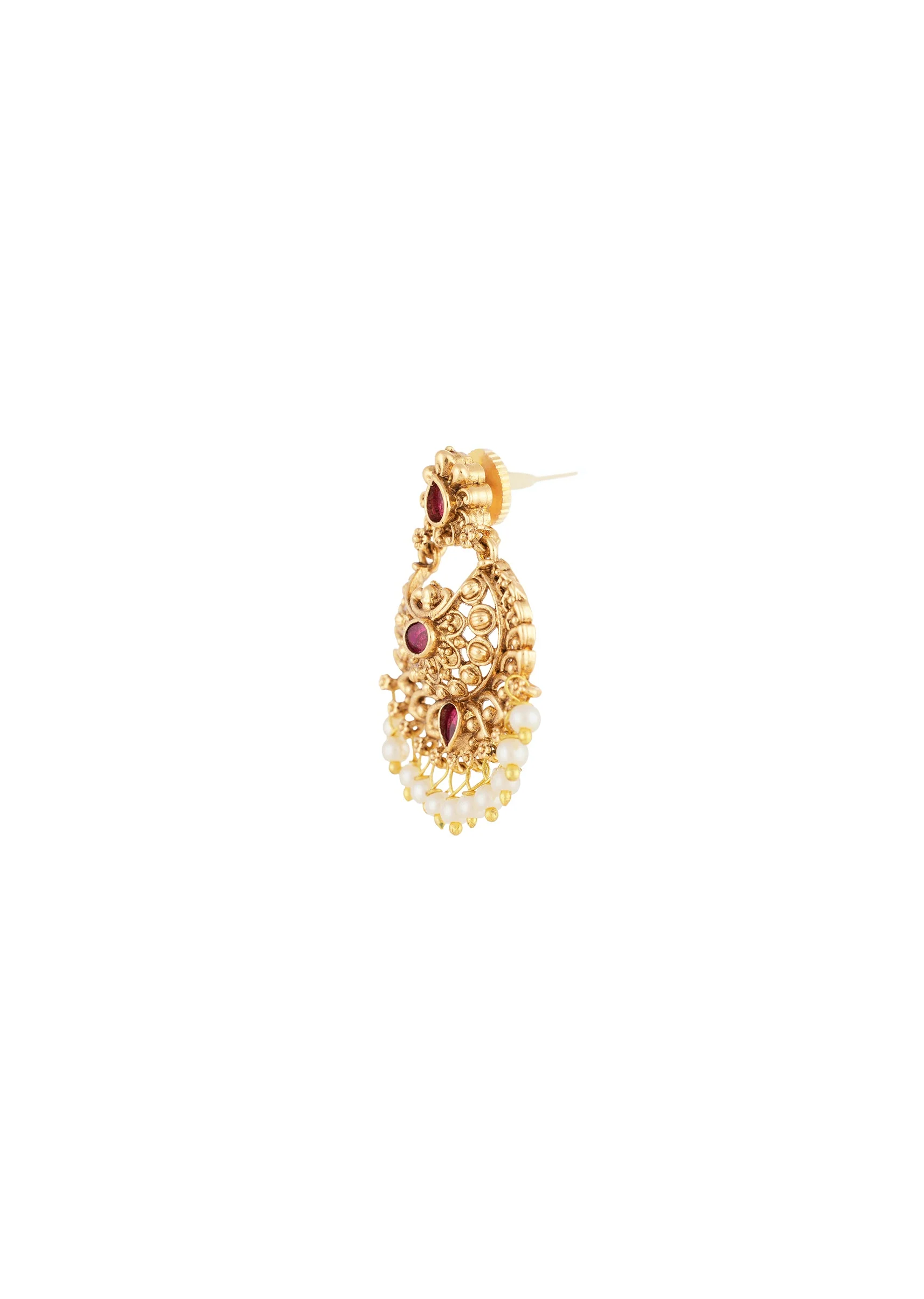 Red Gold Earrings With Kundan Detail Work - Image 4