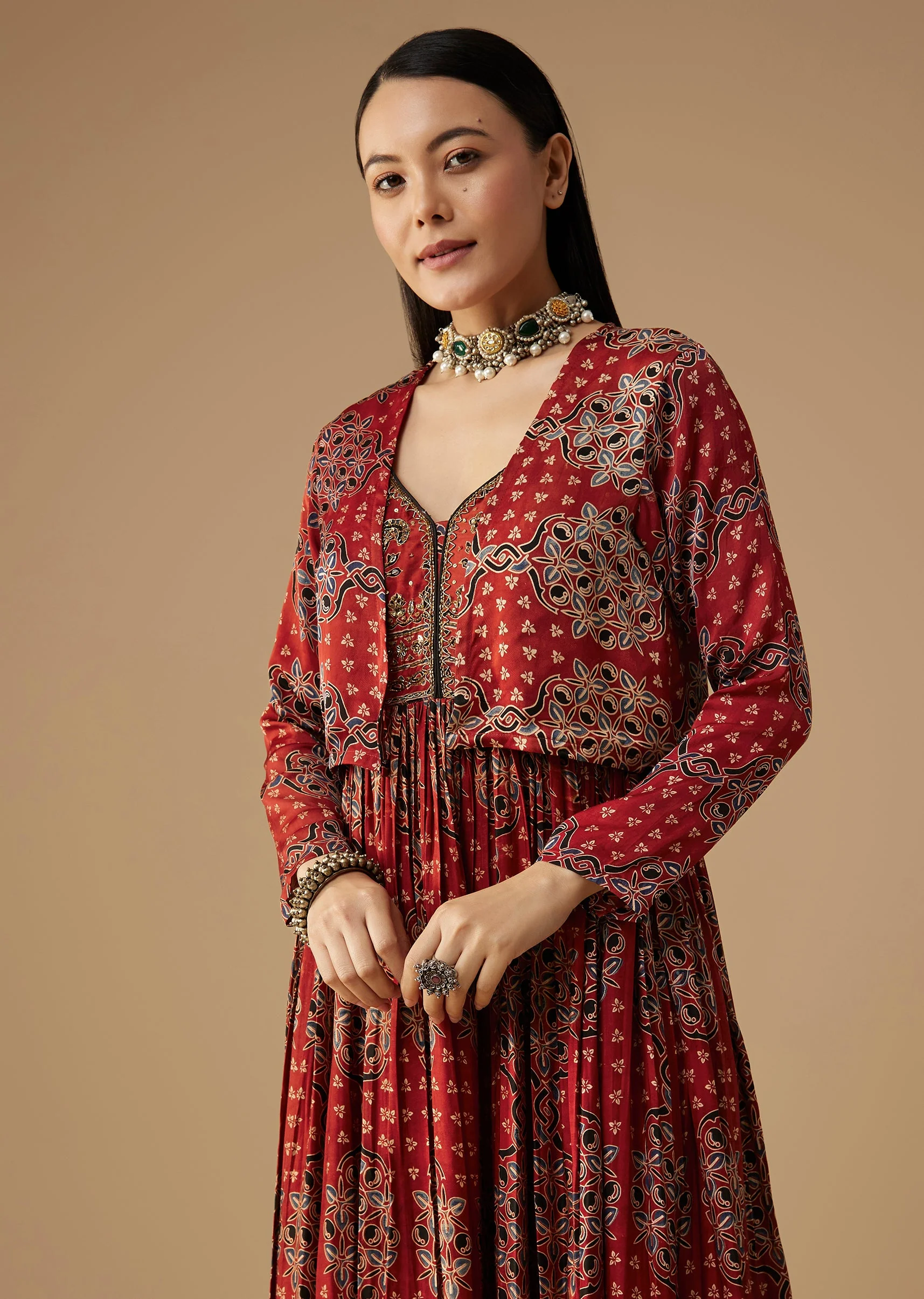 Red Hand Dyed Ajrakh Gown with Jacket and Scarf - Image 4