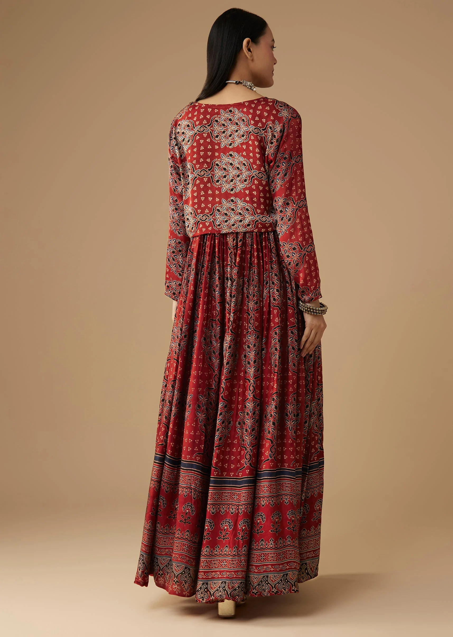 Red Hand Dyed Ajrakh Gown with Jacket and Scarf - Image 5