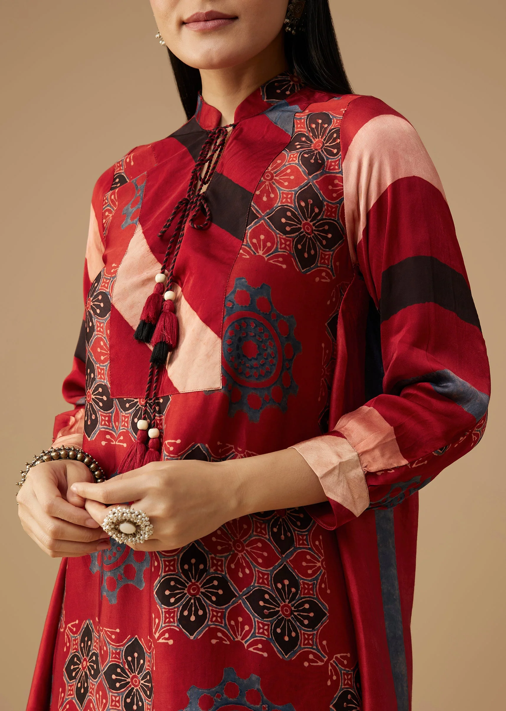 Red Hand Dyed Ajrakh Tunic and Pant Set - Image 2