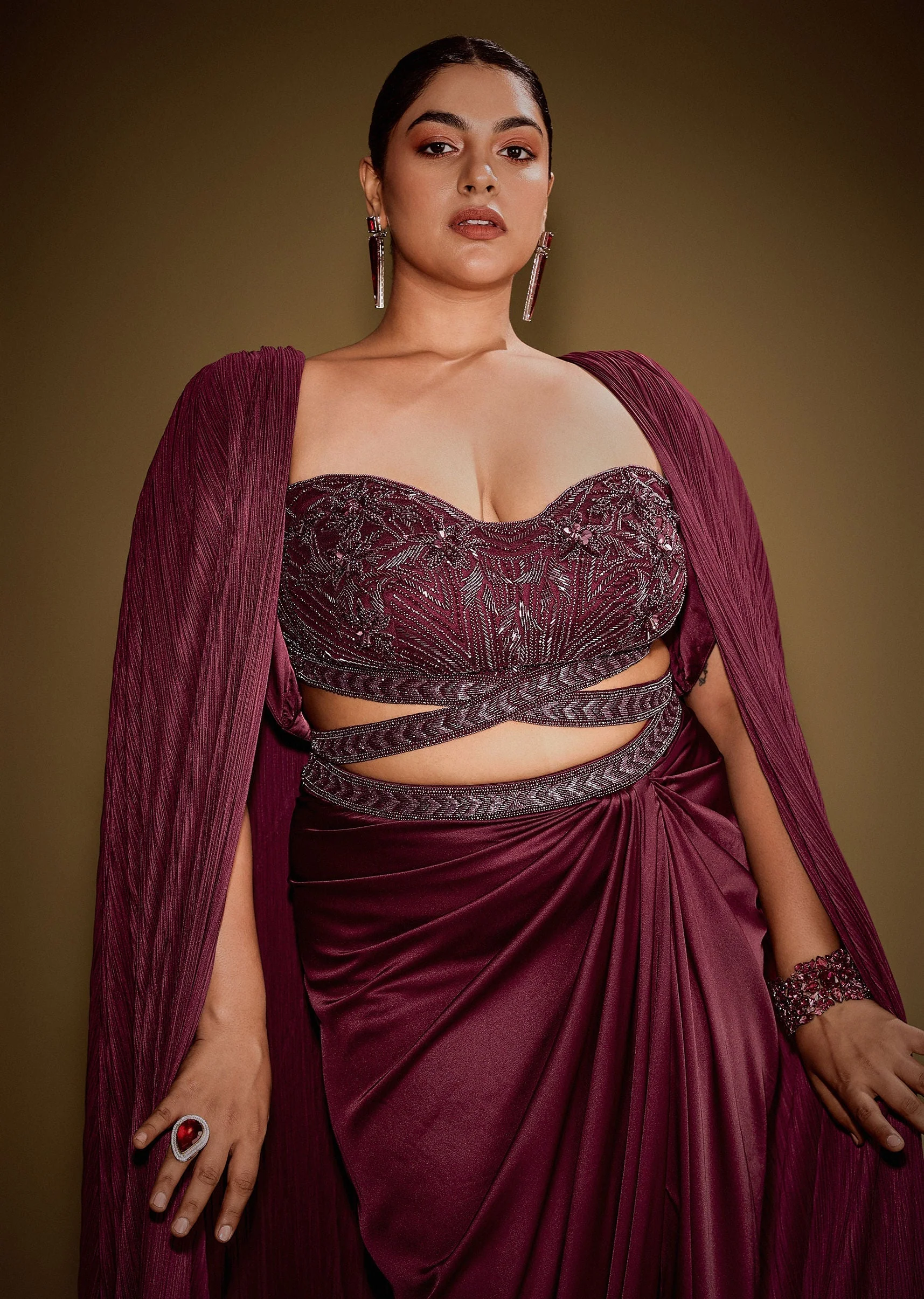 Red Hand Embroidered Blouse With Drape Skirt And Crushed Cape - Image 2
