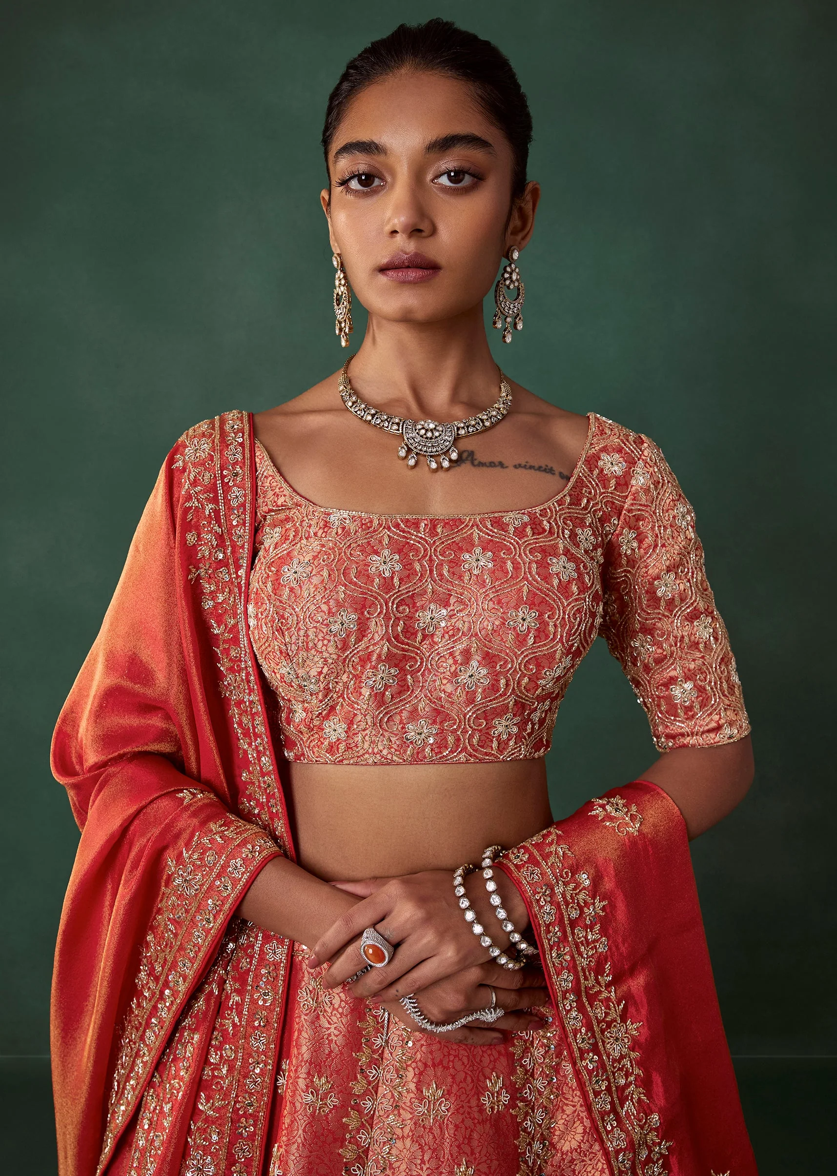 Red Hand Embroidered Brocade Silk Bridal Lehenga Set - Image 3