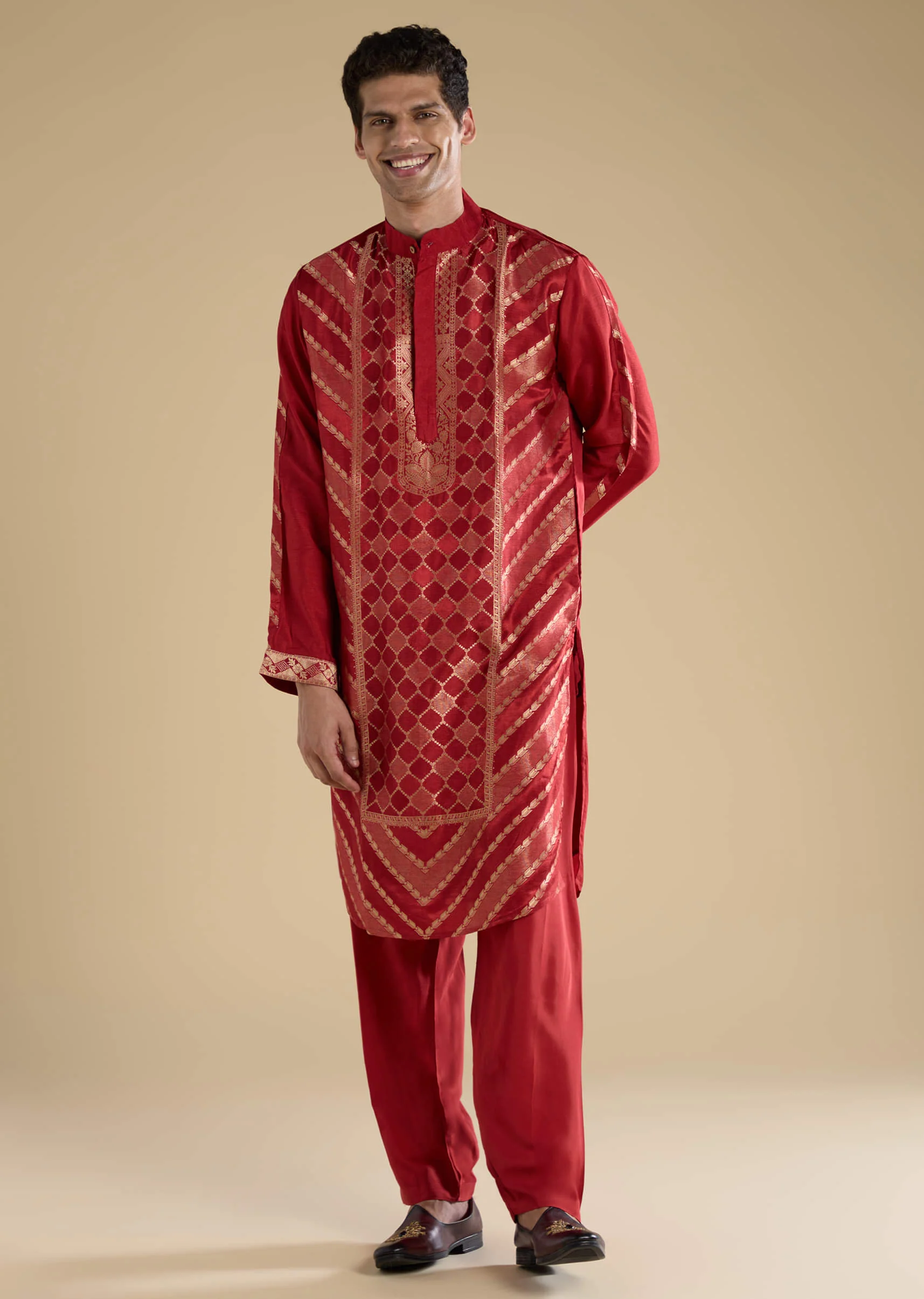 Red Handwoven Jacquard Silk Mens Kurta Set - Image 3