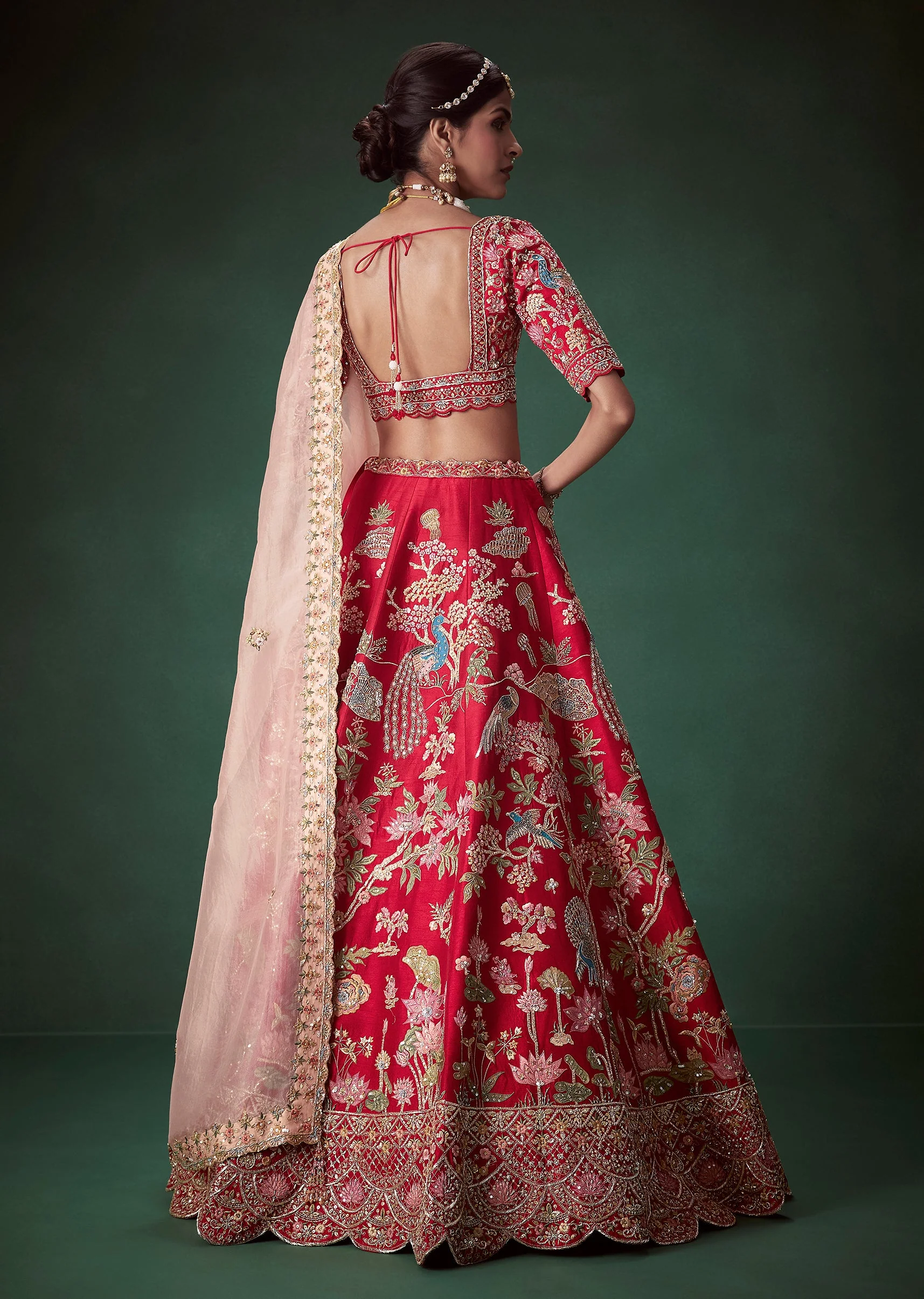 Red Heavy Butti Embellished Bridal Lehenga Set - Image 2
