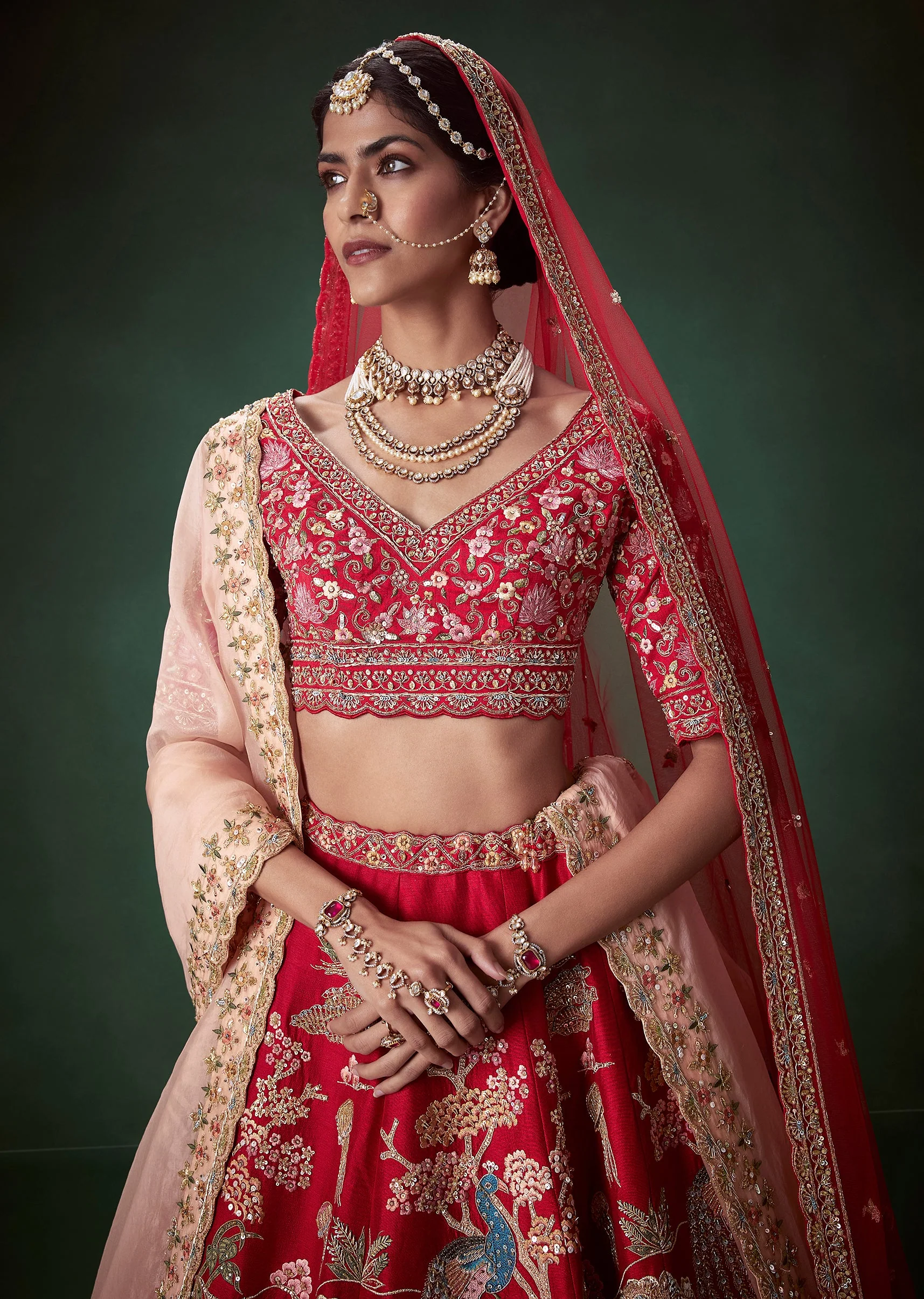 Red Heavy Butti Embellished Bridal Lehenga Set - Image 3
