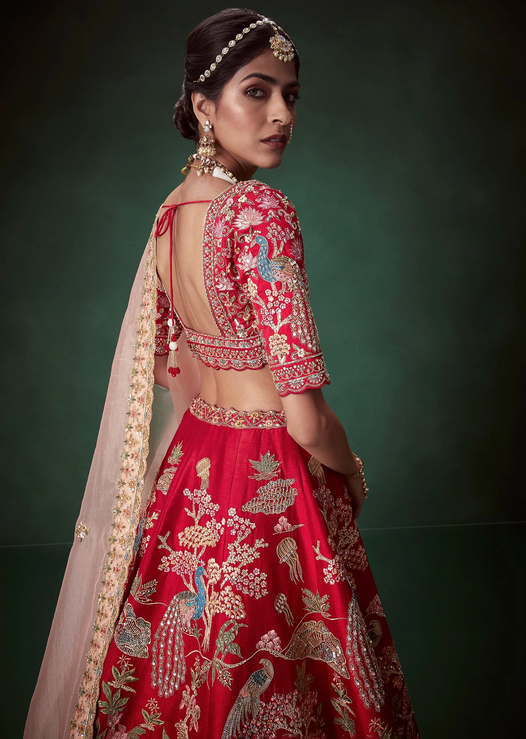 Red Heavy Butti Embellished Bridal Lehenga Set - Image 6
