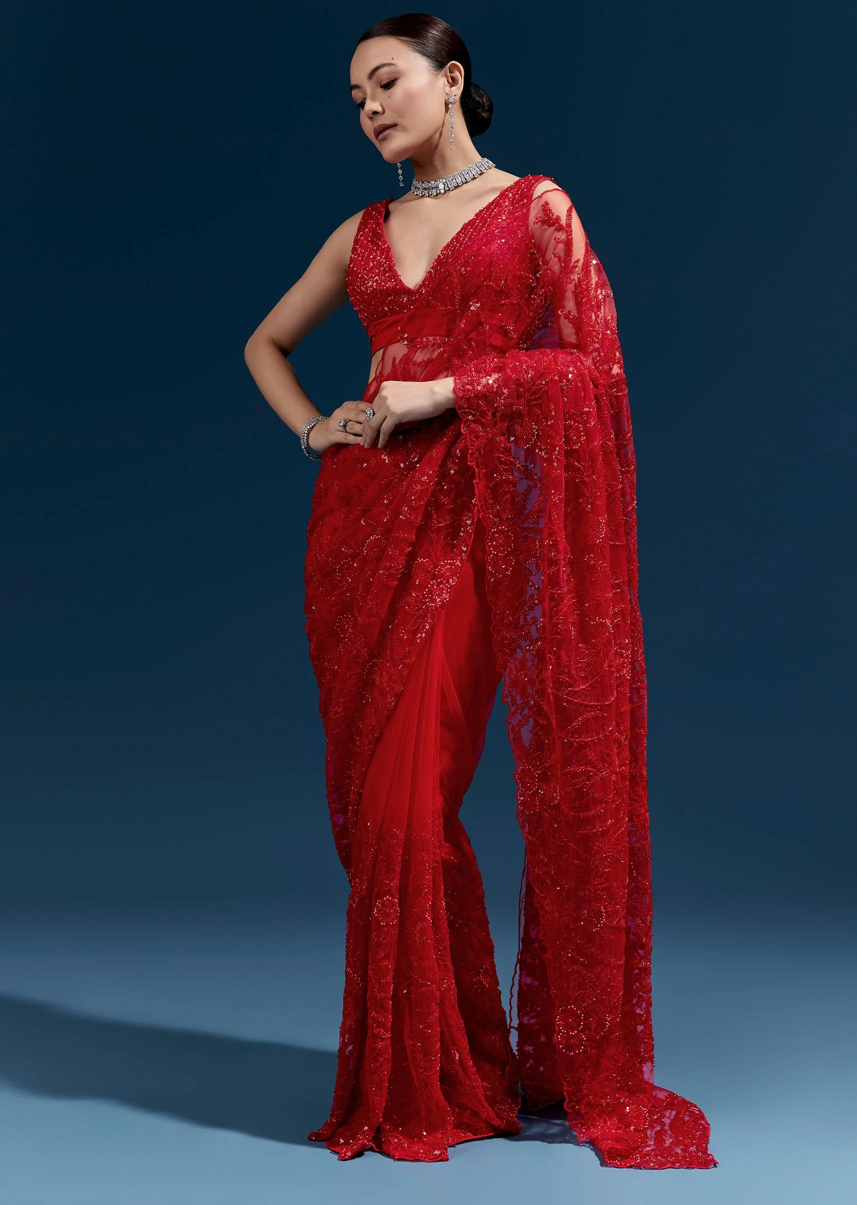 Red Heavy Embroidered Net Saree With Cutwork Border And All Over Floral Jaal - Image 3