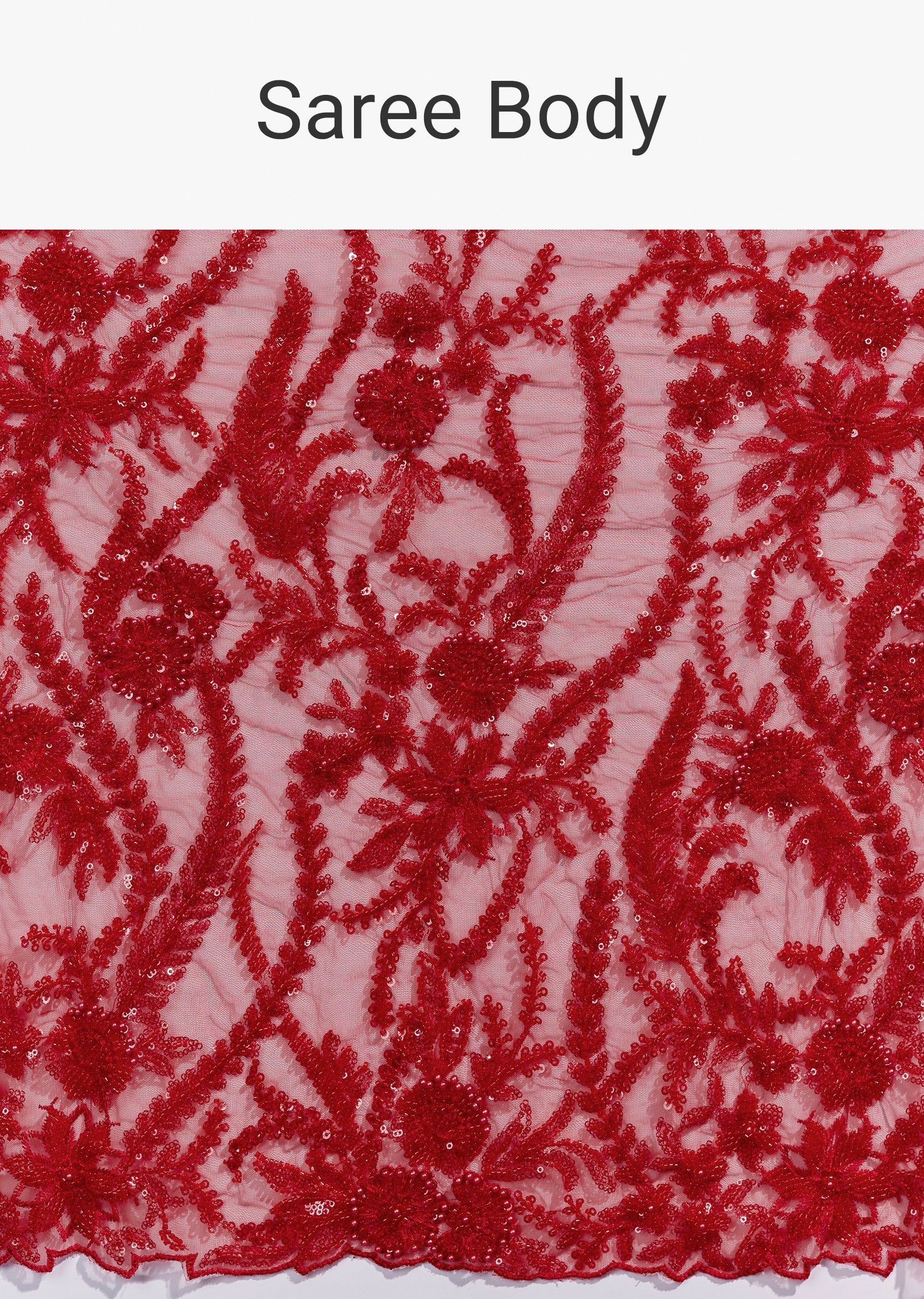 Red Heavy Embroidered Net Saree With Cutwork Border And All Over Floral Jaal - Image 9