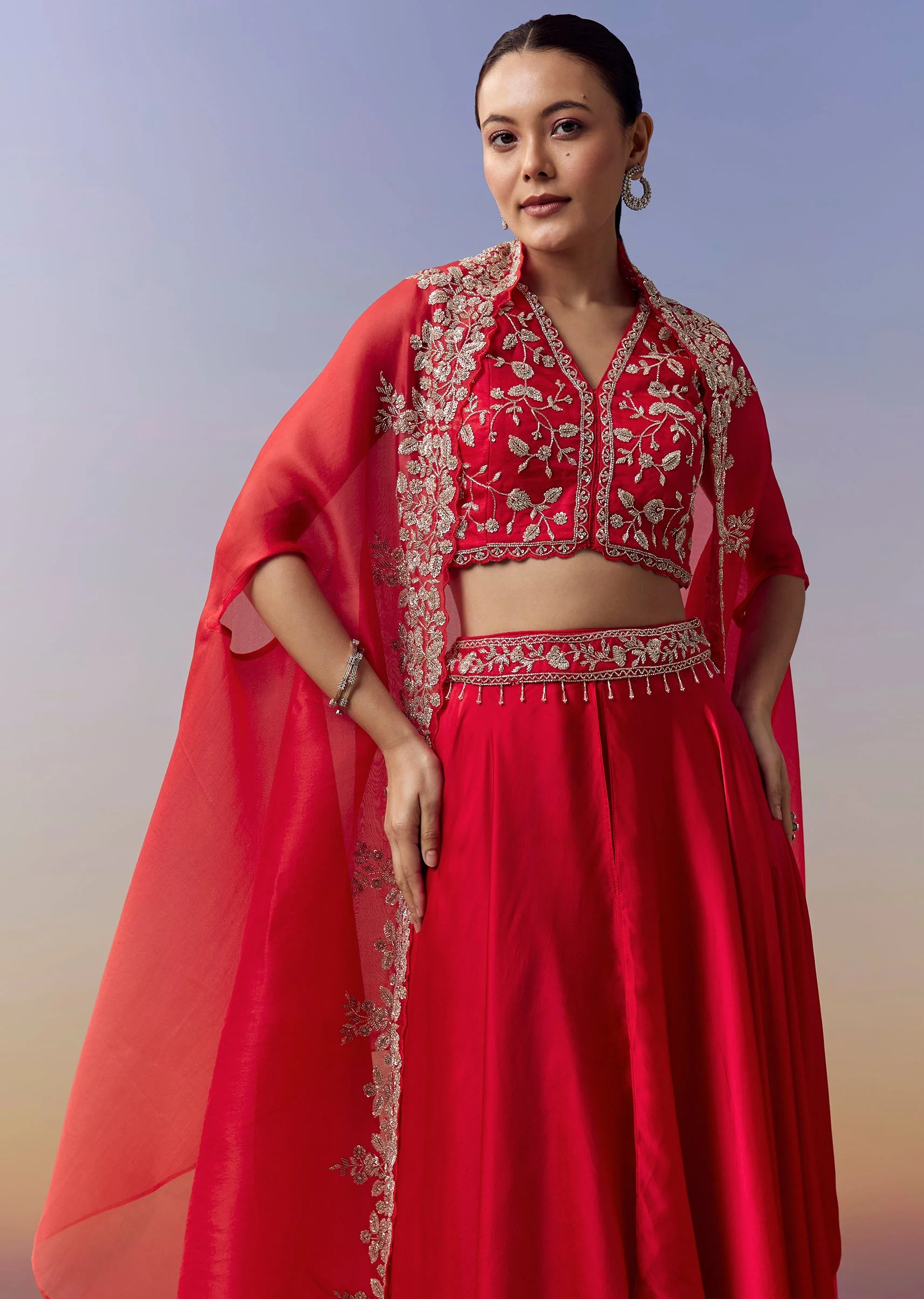 Red Indo Western Crop Top Skirt Set With Cut Dana Work And Embroidered Cape - Image 4