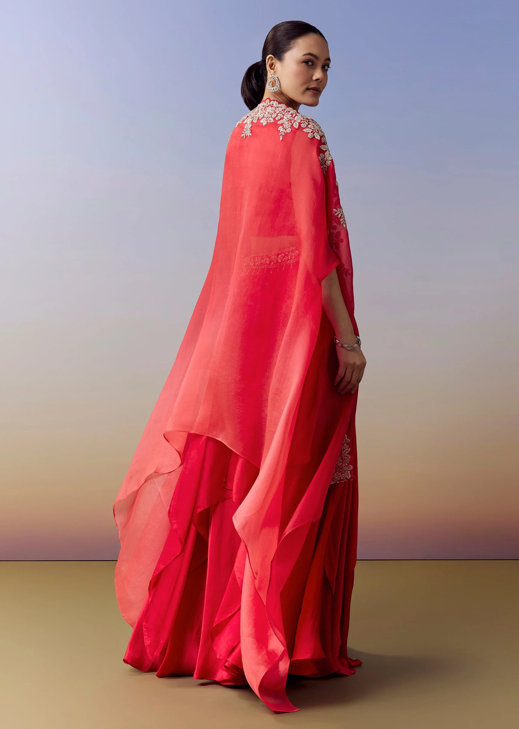 Red Indo Western Crop Top Skirt Set With Cut Dana Work And Embroidered Cape - Image 5