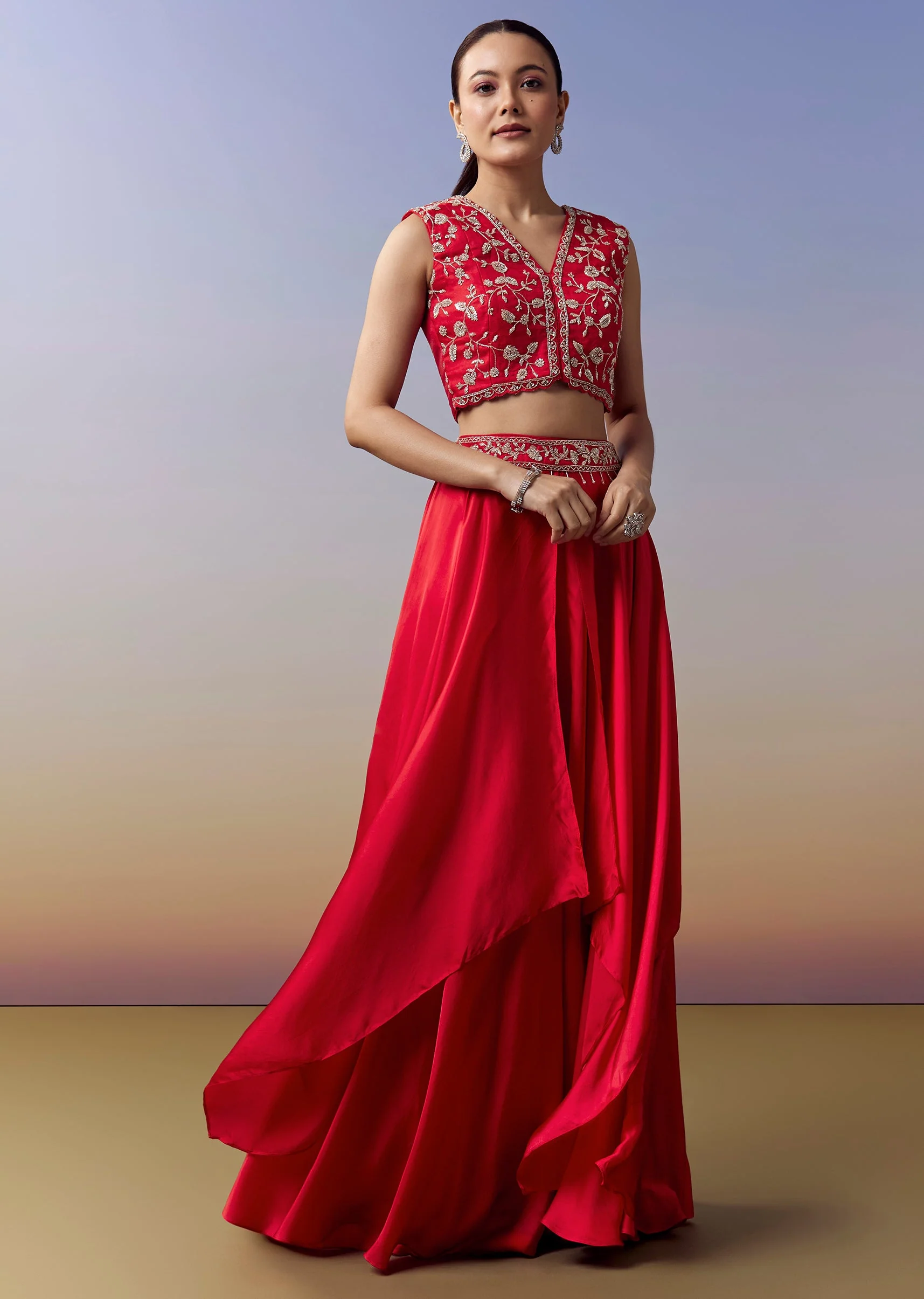 Red Indo Western Crop Top Skirt Set With Cut Dana Work And Embroidered Cape - Image 6