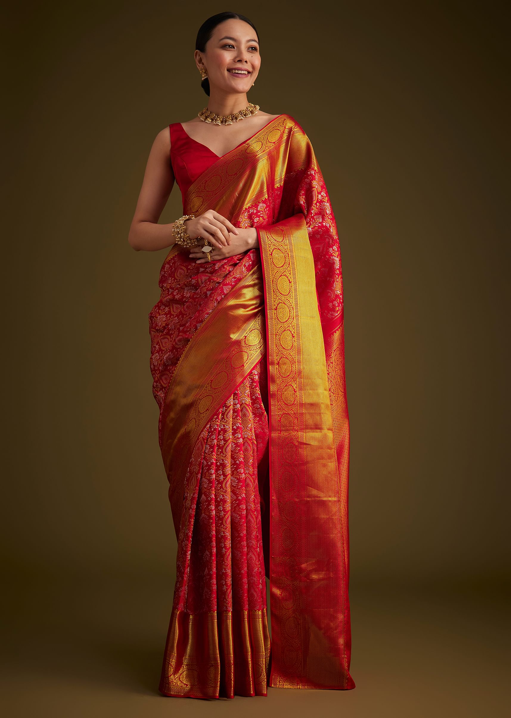 Red Kanjivaram Silk Saree With Golden Zari Detailing - Image 6