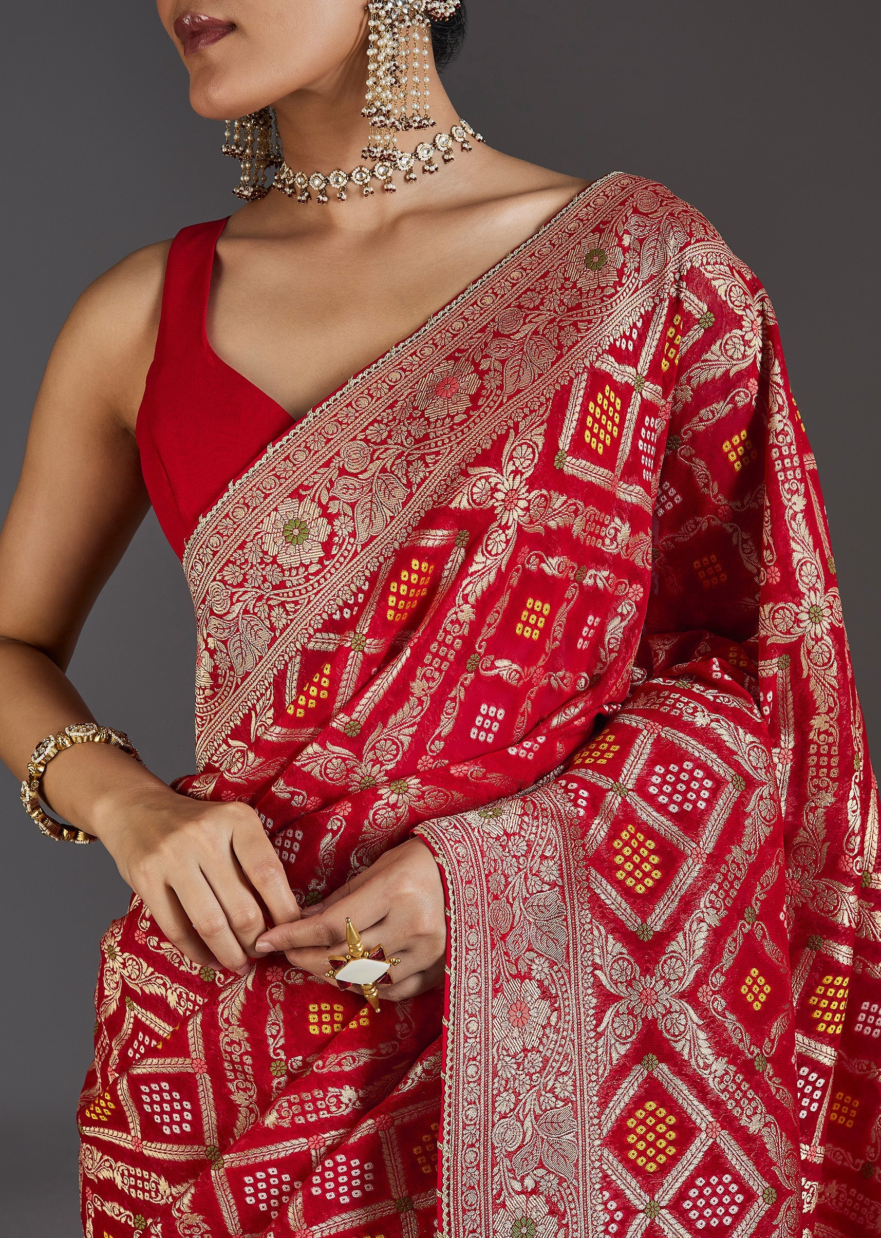 Red Khaddi Georgette Saree - Image 2