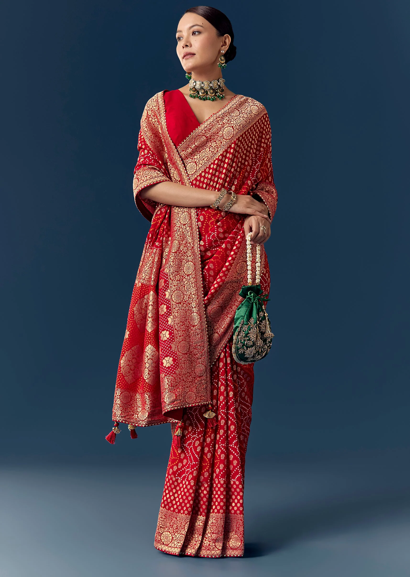 Red Khaddi Georgette Saree with Floral Weave And Bandhani Finish