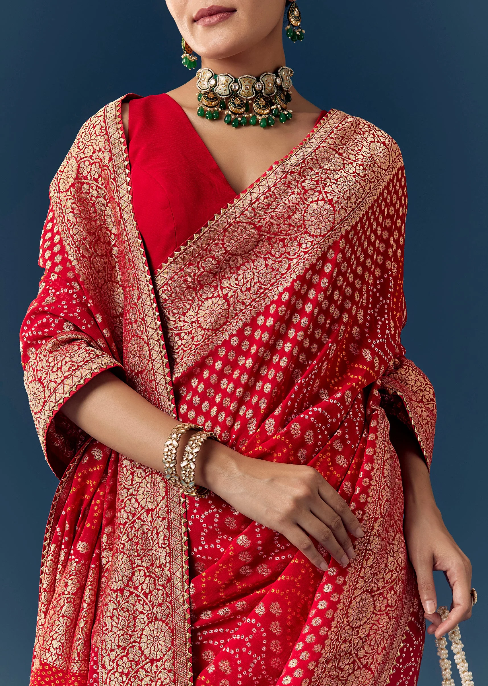 Red Khaddi Georgette Saree with Floral Weave And Bandhani Finish - Image 2