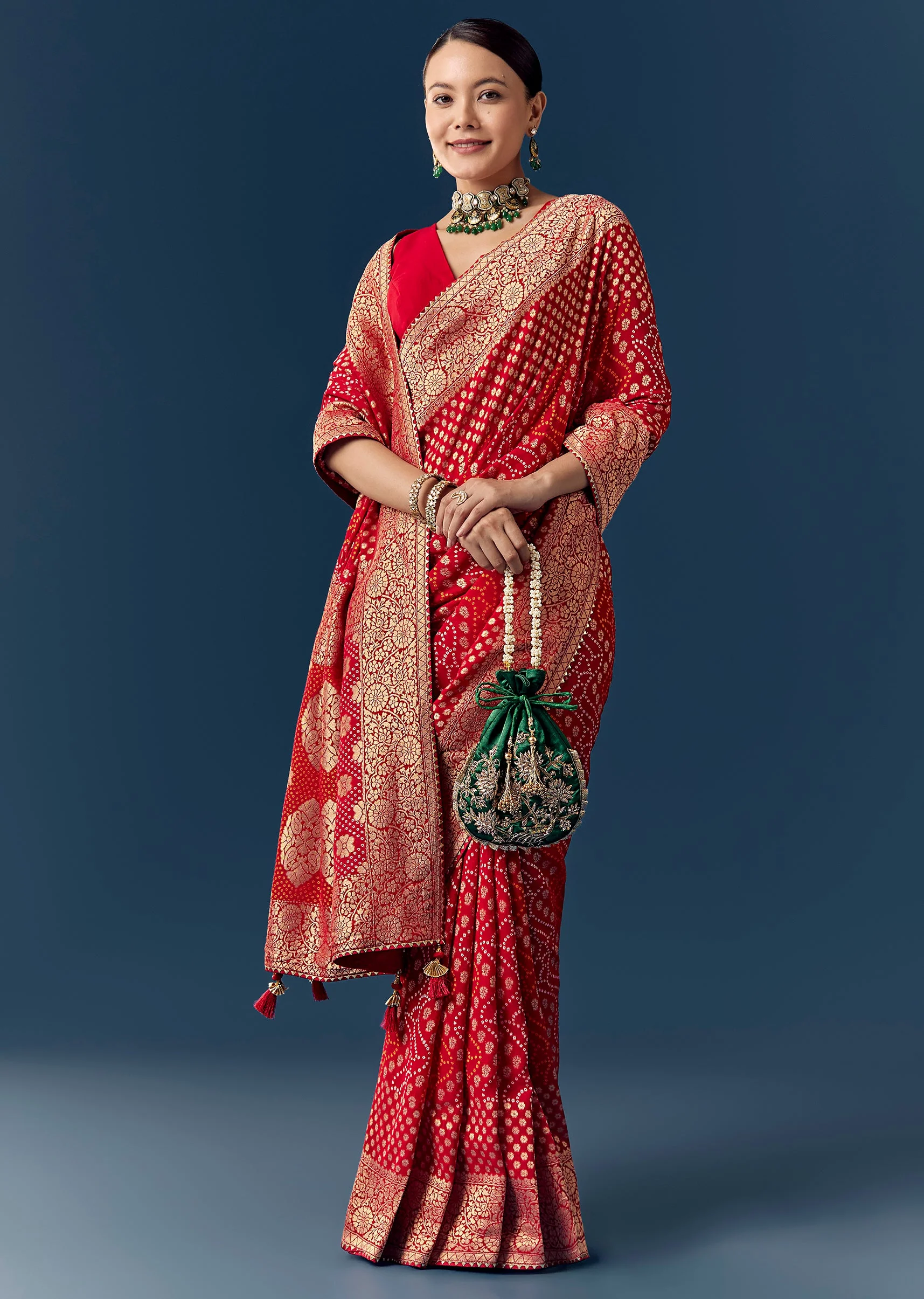 Red Khaddi Georgette Saree with Floral Weave And Bandhani Finish - Image 3