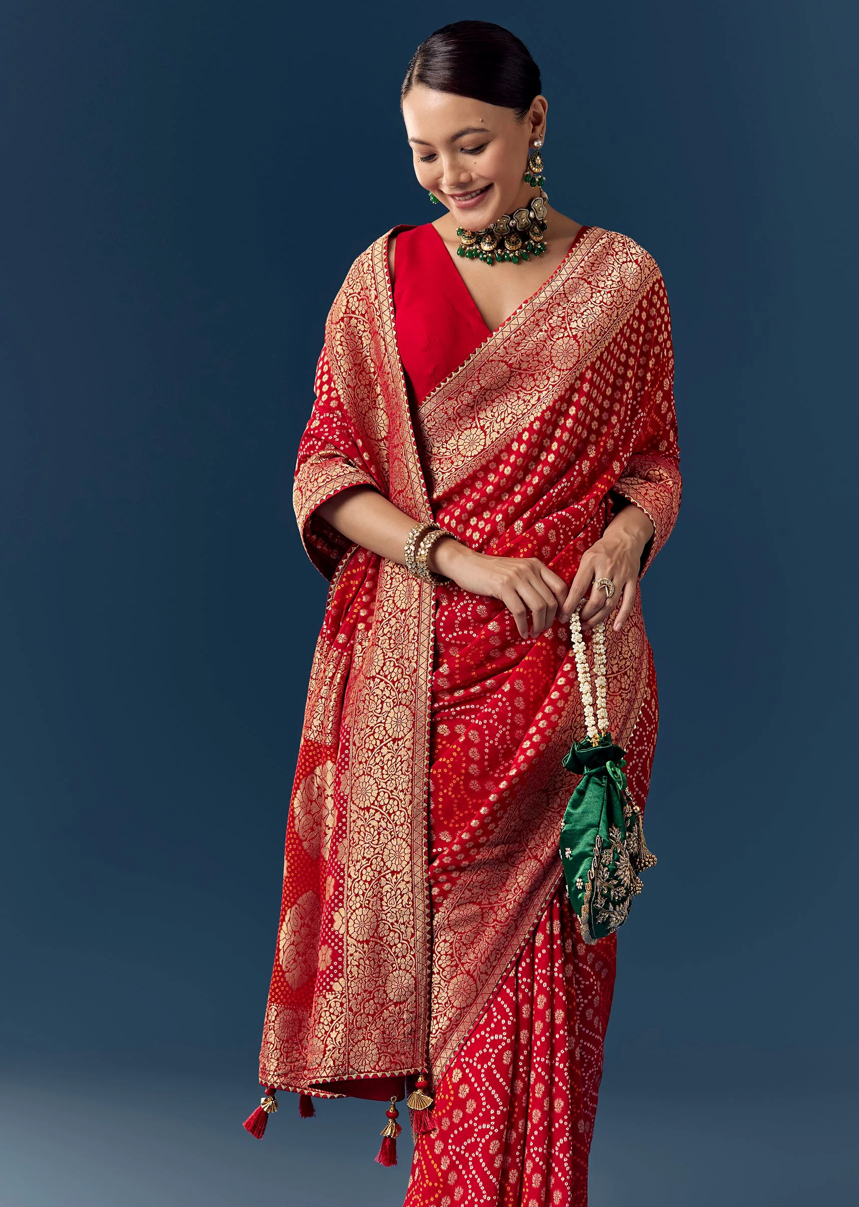 Red Khaddi Georgette Saree with Floral Weave And Bandhani Finish - Image 5