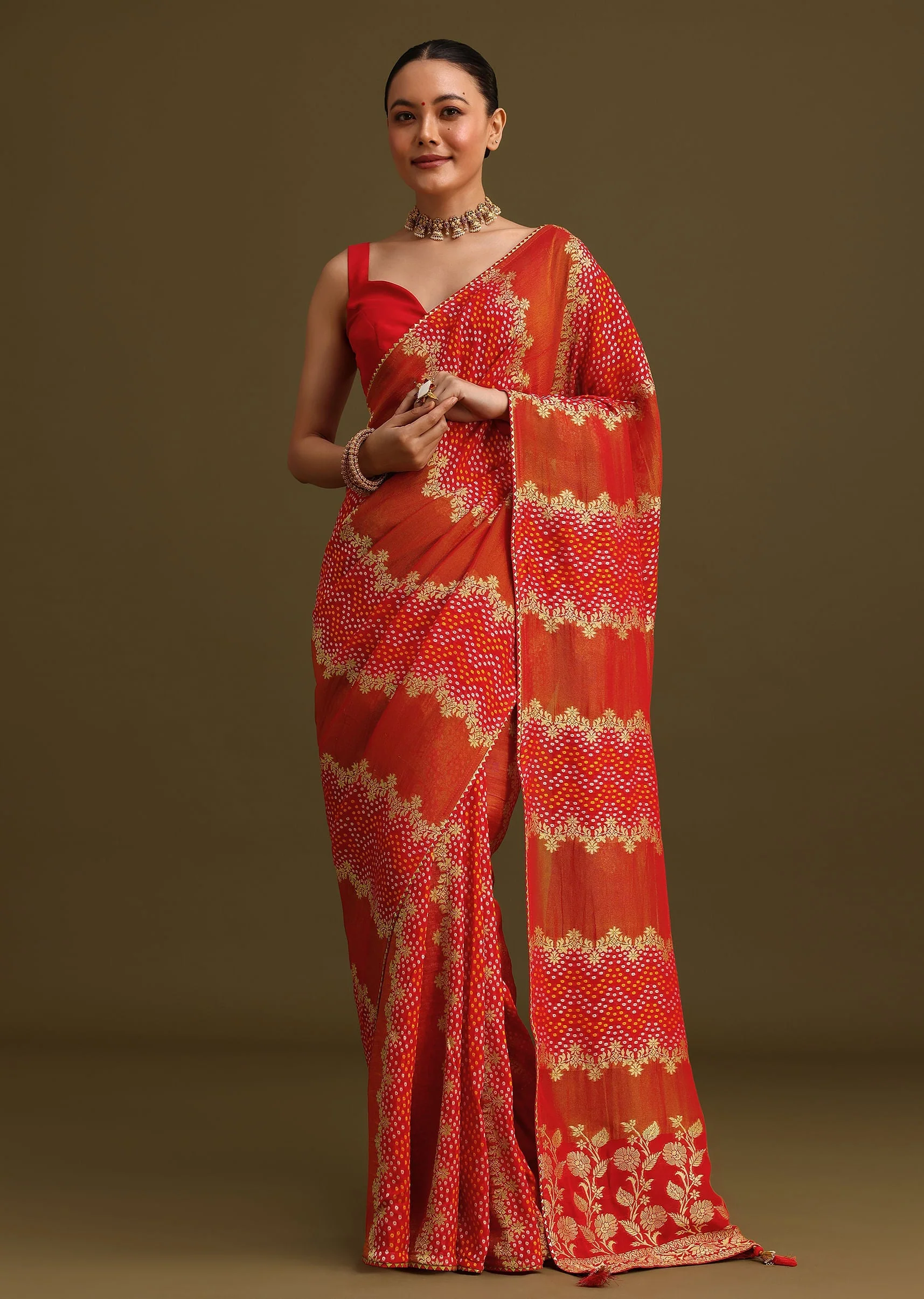 Red Khaddi Georgette Saree With Gotta Patti Border And Unstitched Blouse - Image 2