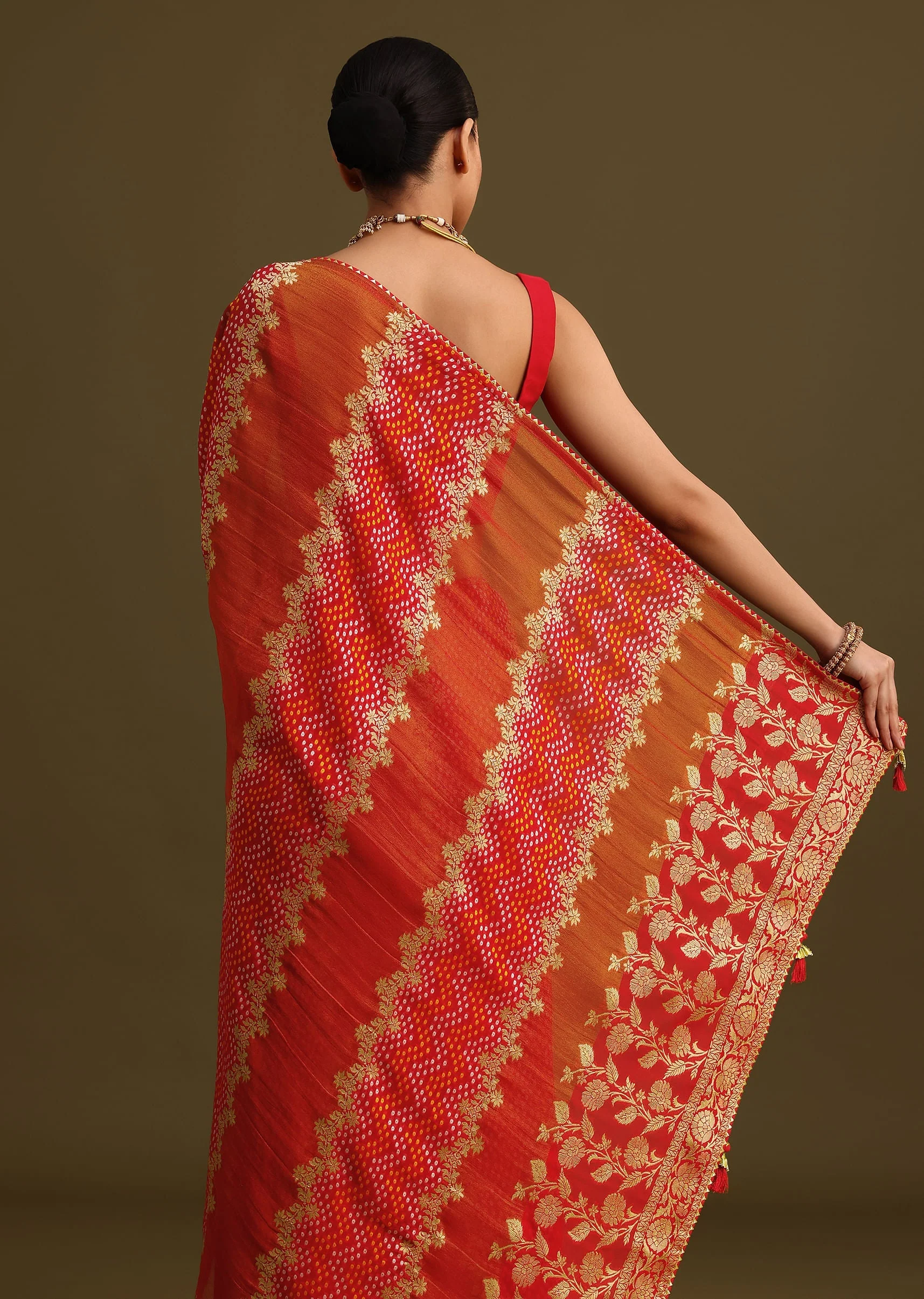 Red Khaddi Georgette Saree With Gotta Patti Border And Unstitched Blouse - Image 4