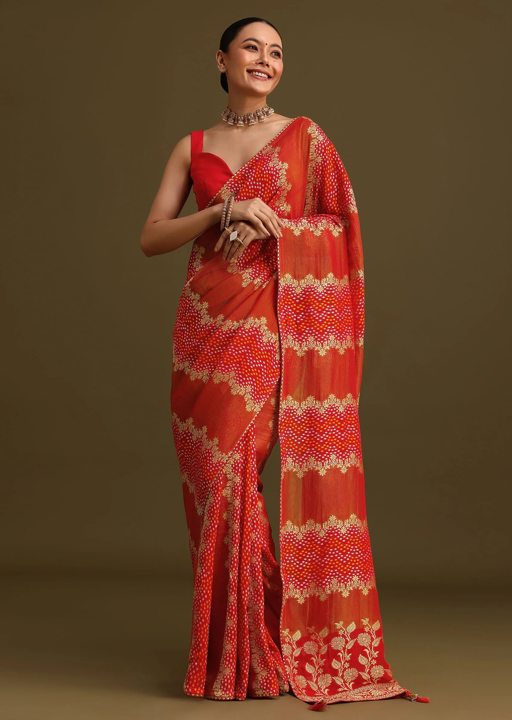 Red Khaddi Georgette Saree With Gotta Patti Border And Unstitched Blouse - Image 5