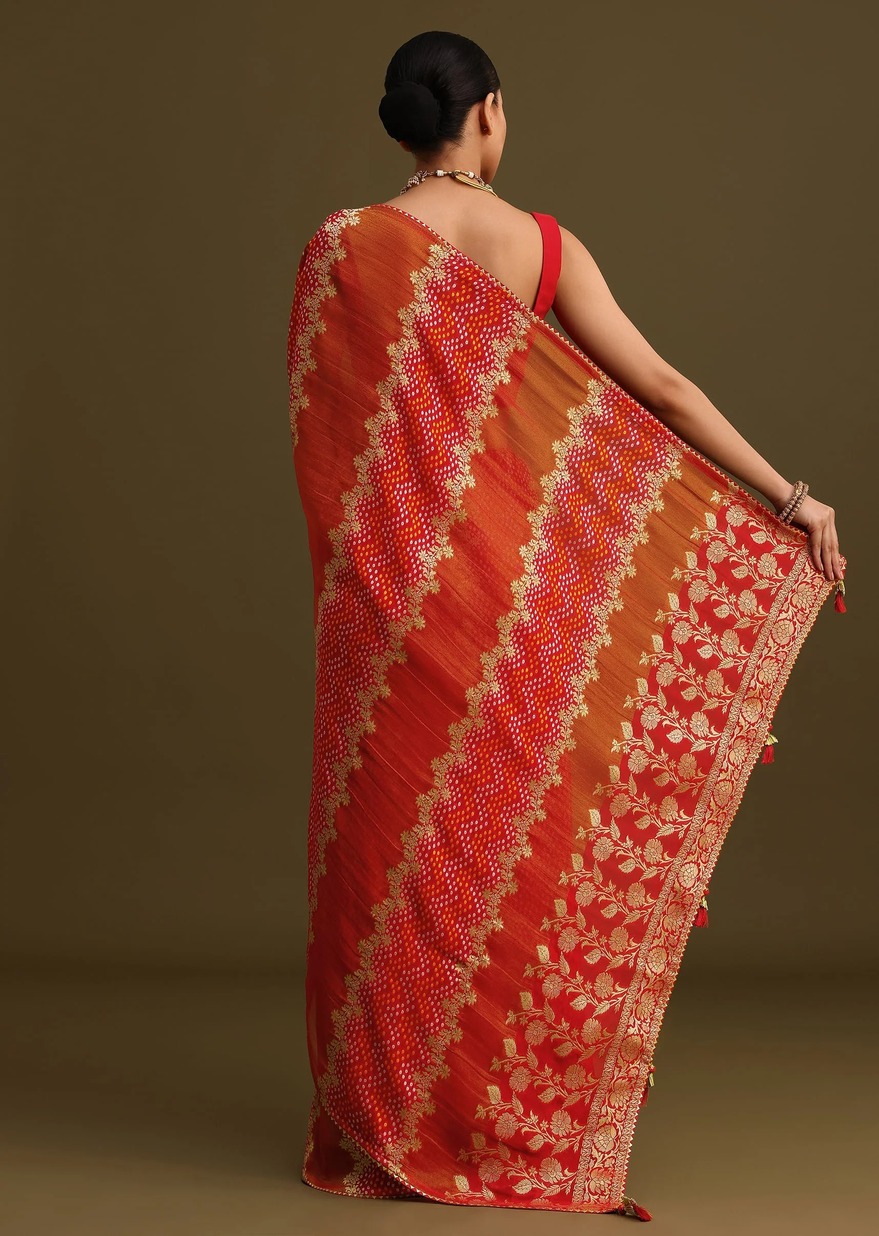 Red Khaddi Georgette Saree With Gotta Patti Border And Unstitched Blouse - Image 6
