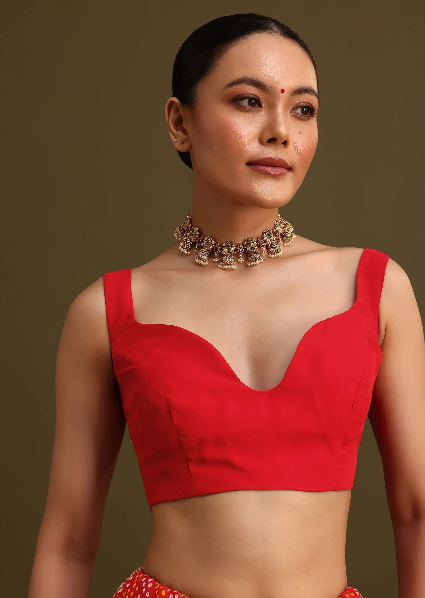 Red Khaddi Georgette Saree With Gotta Patti Border And Unstitched Blouse - Image 7