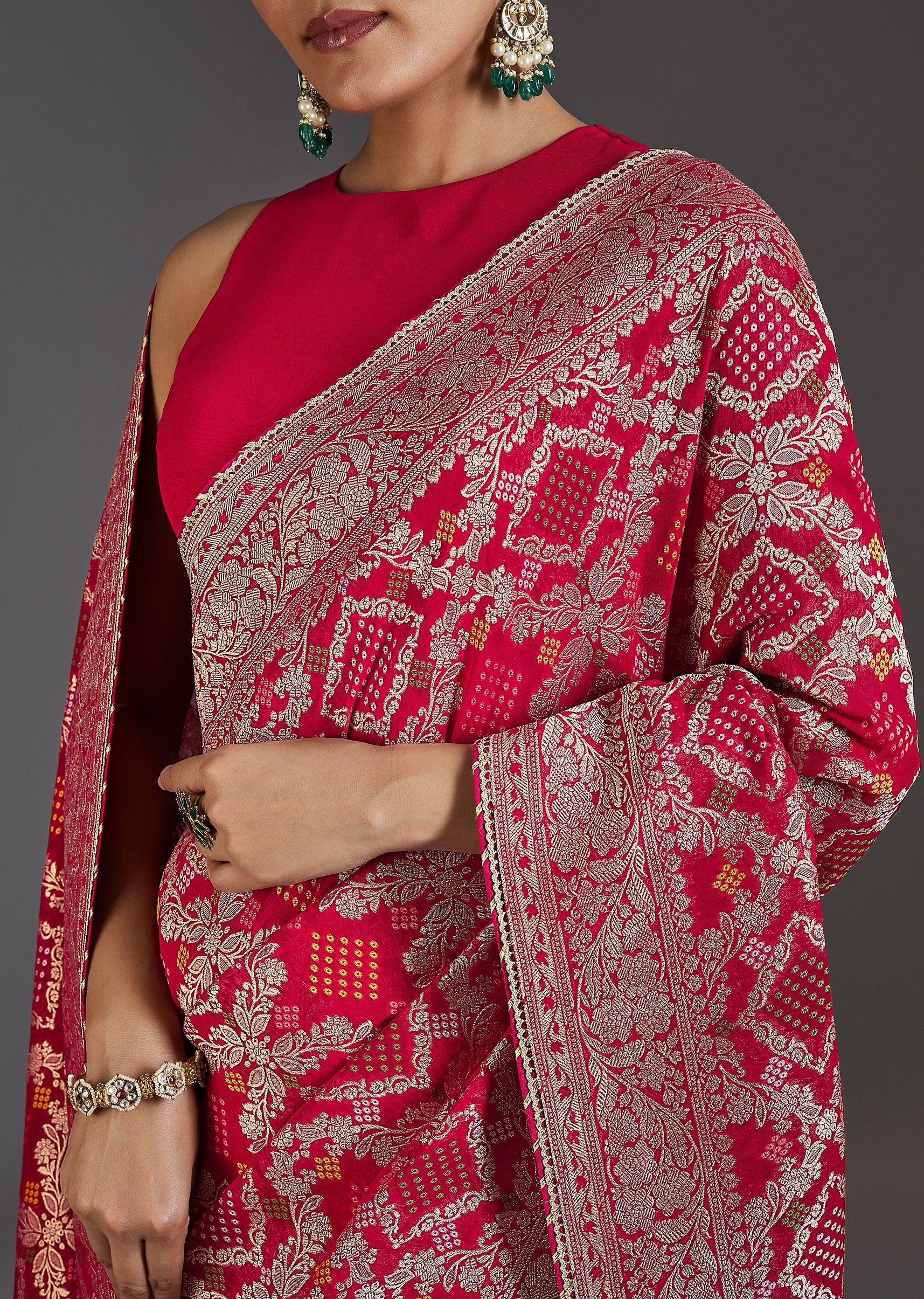 Red Khaddi Georgette Woven Bandhani Saree - Image 2